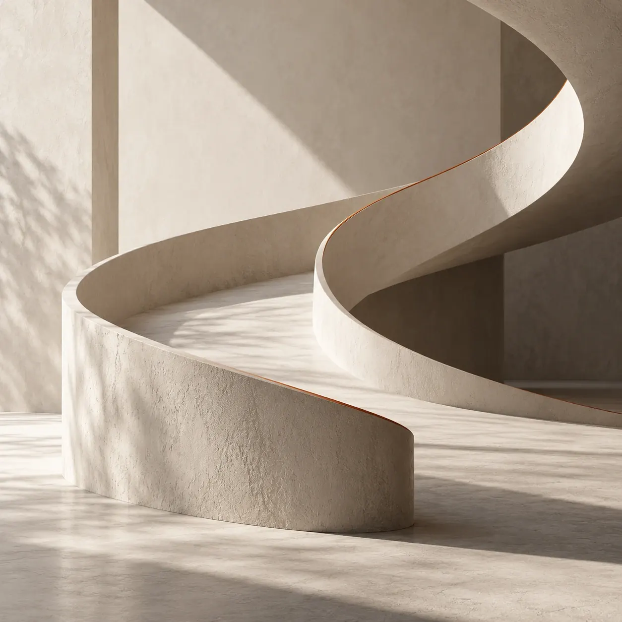 A continuous sculptural ramp flowing through warm light and shadow.