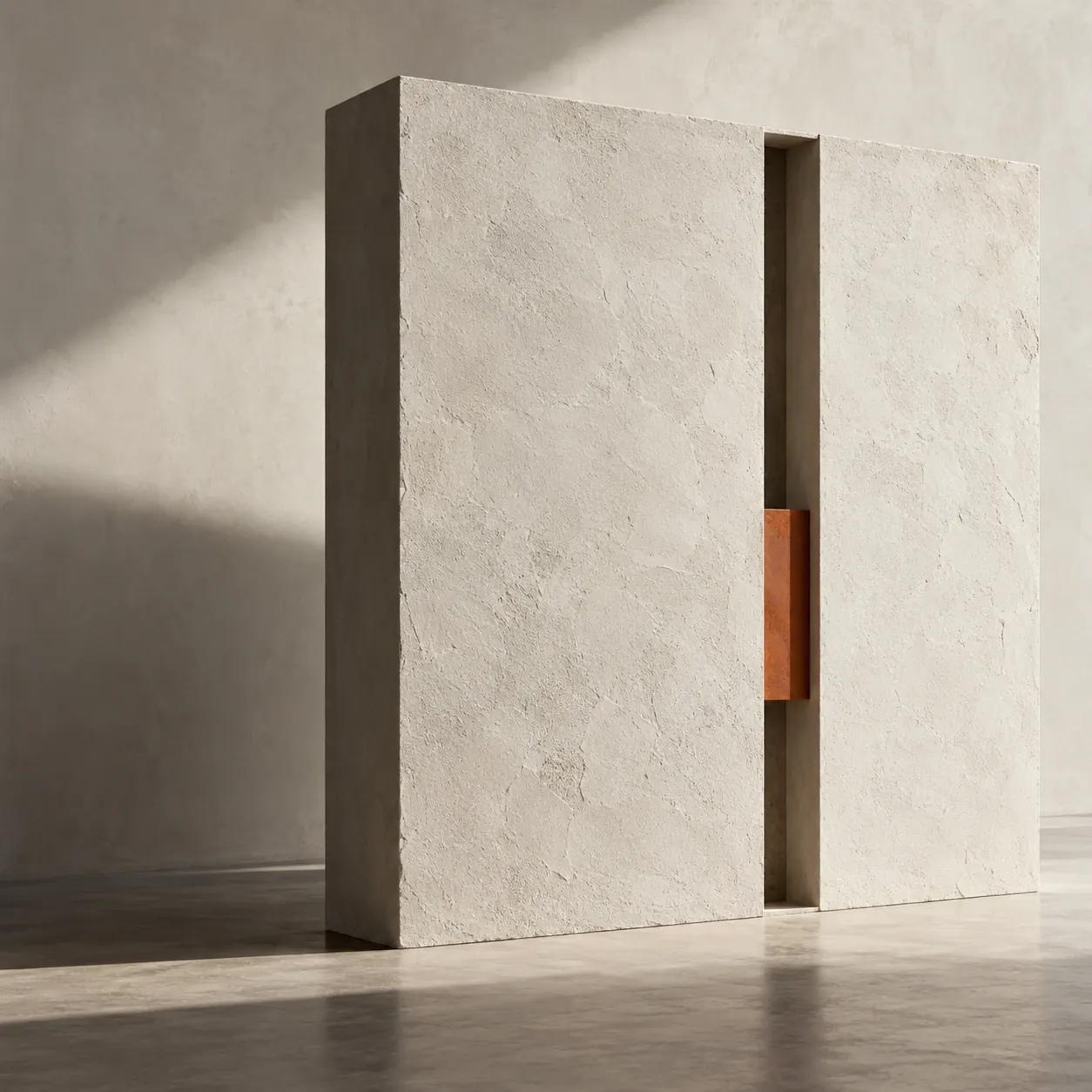 A precise void in a substantial plaster plane, accented with burnt orange.