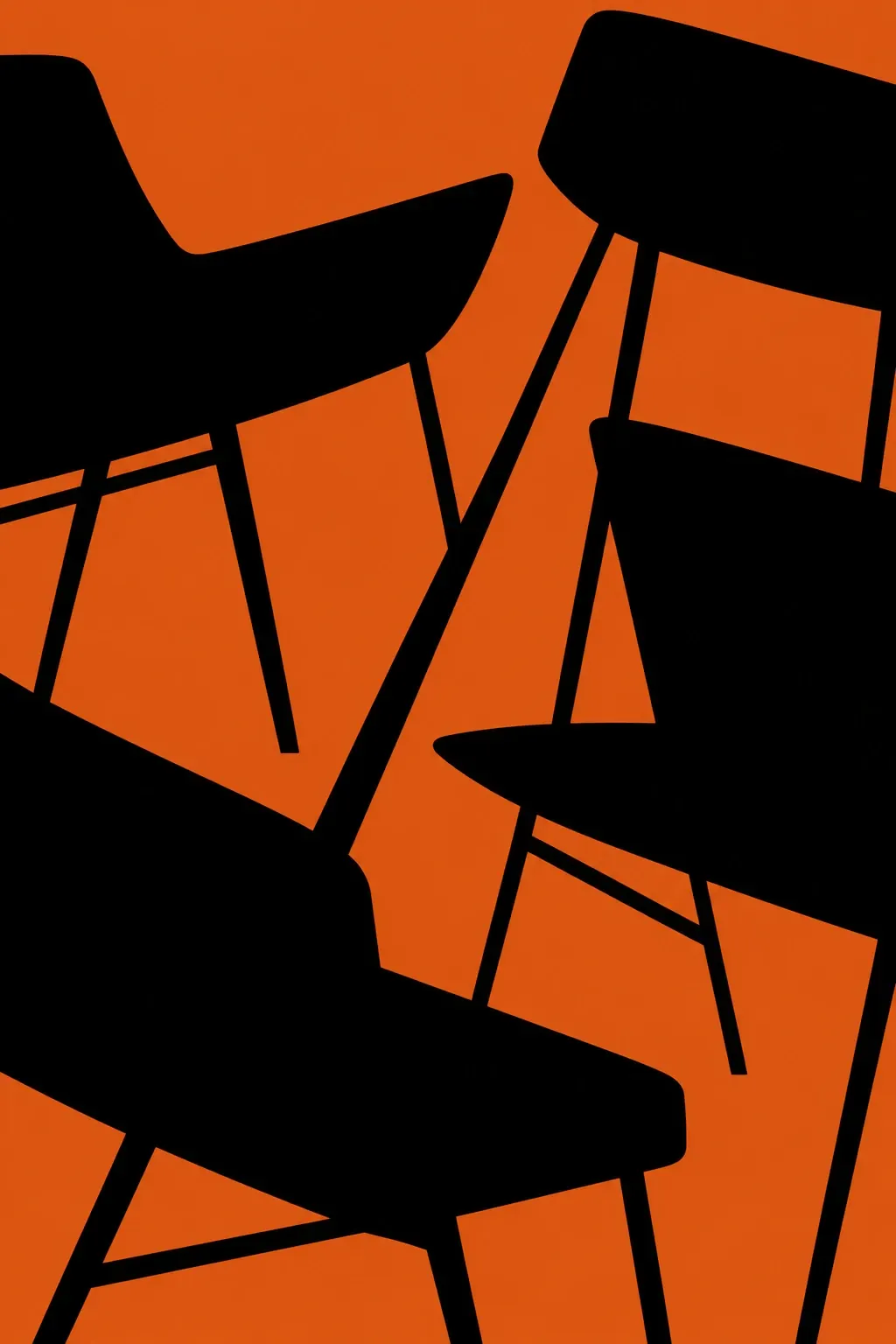 Overlapping black silhouettes of modern chairs against a burnt-orange background