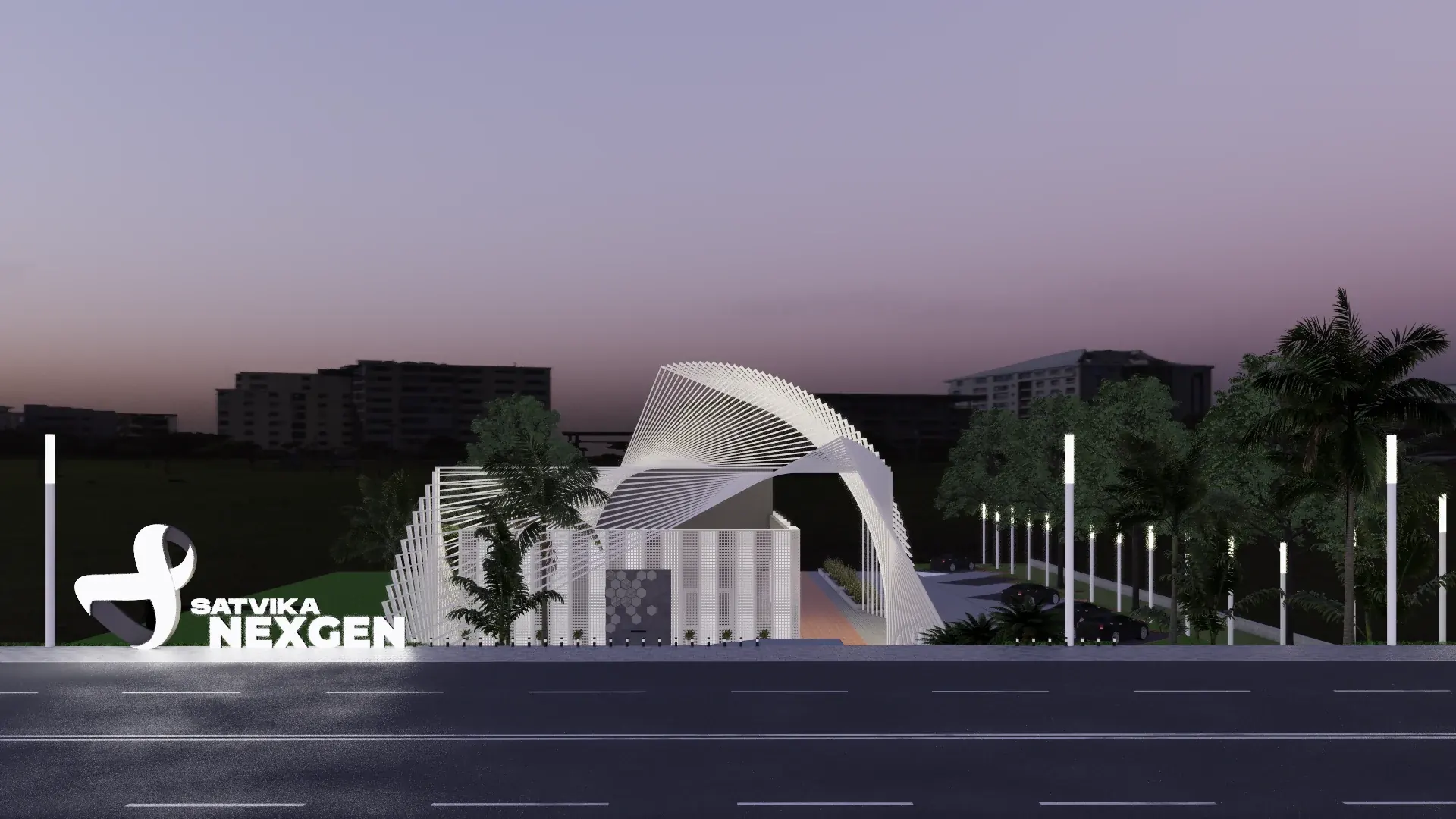 Sculptural white canopy at a landscaped entrance, rendered at dusk