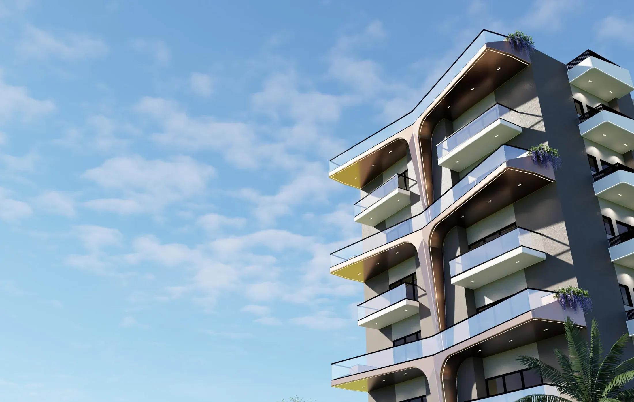 Rajpati Enclave corner perspective showing curved balcony frames, screens and planted terraces