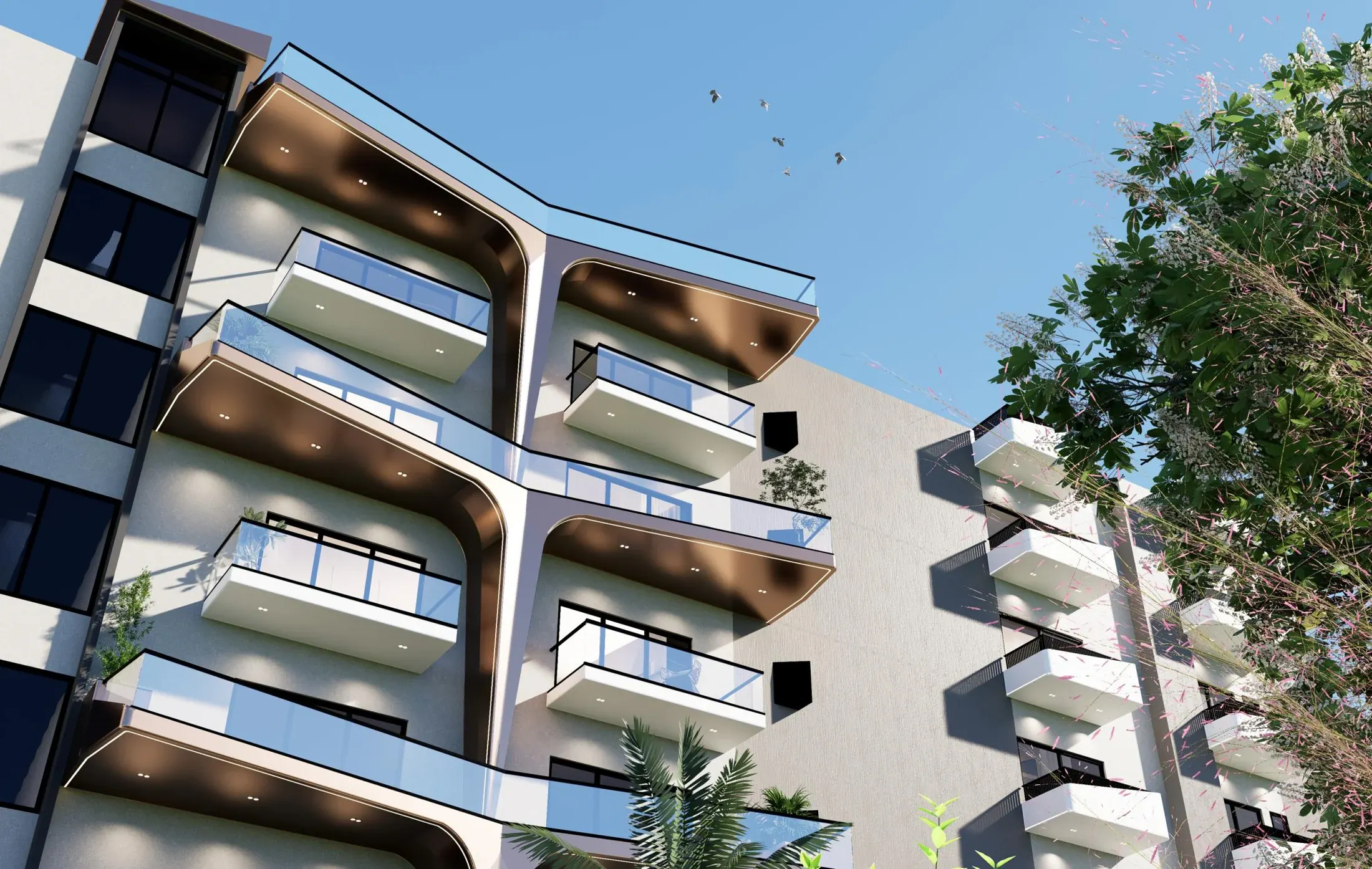 Close perspective of the upper facade, with timber-toned soffits, rounded frames and glass balcony railings
