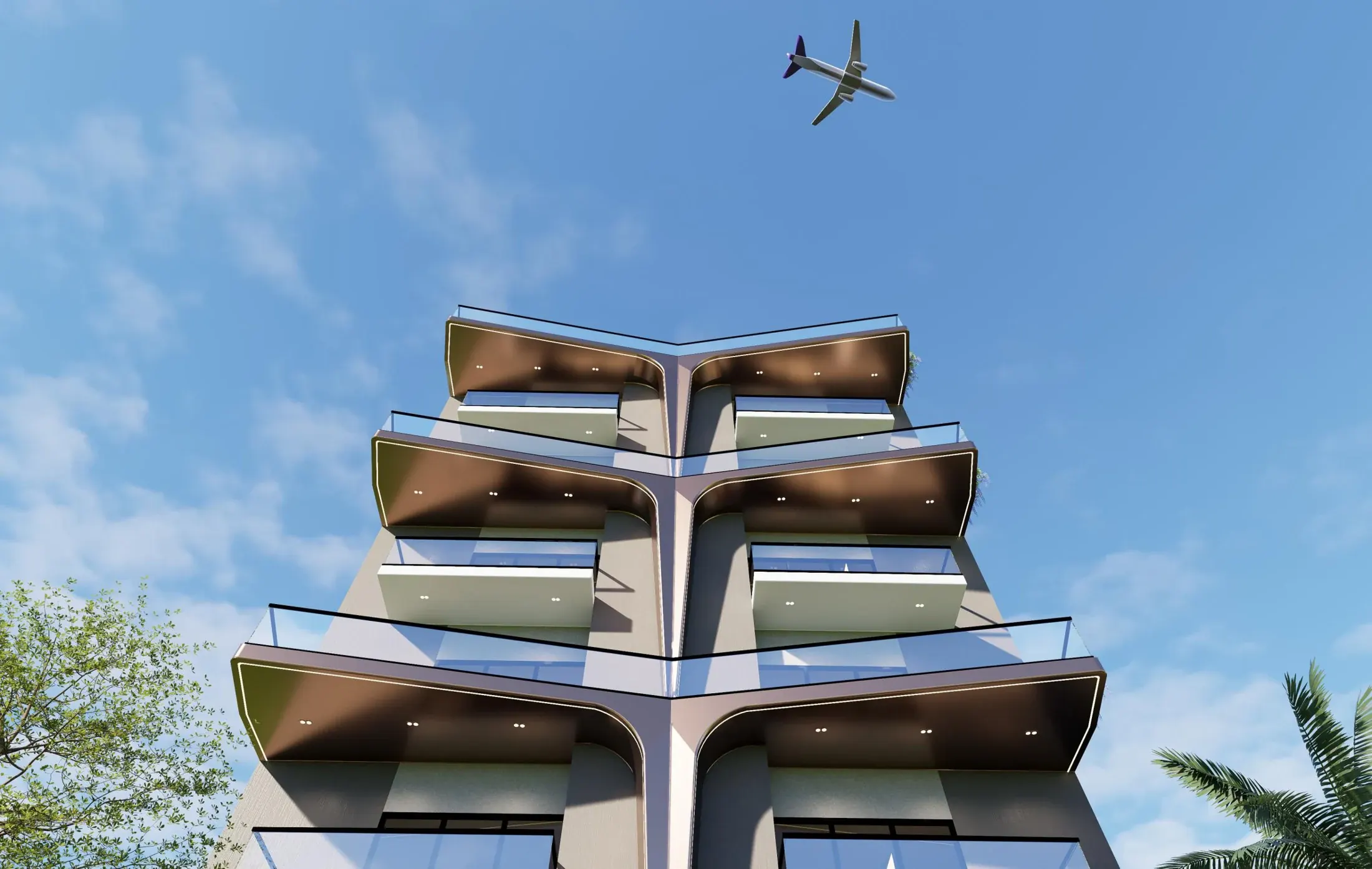 Upward view of Rajpati Enclave with rounded facade frames, balconies and shaded soffits