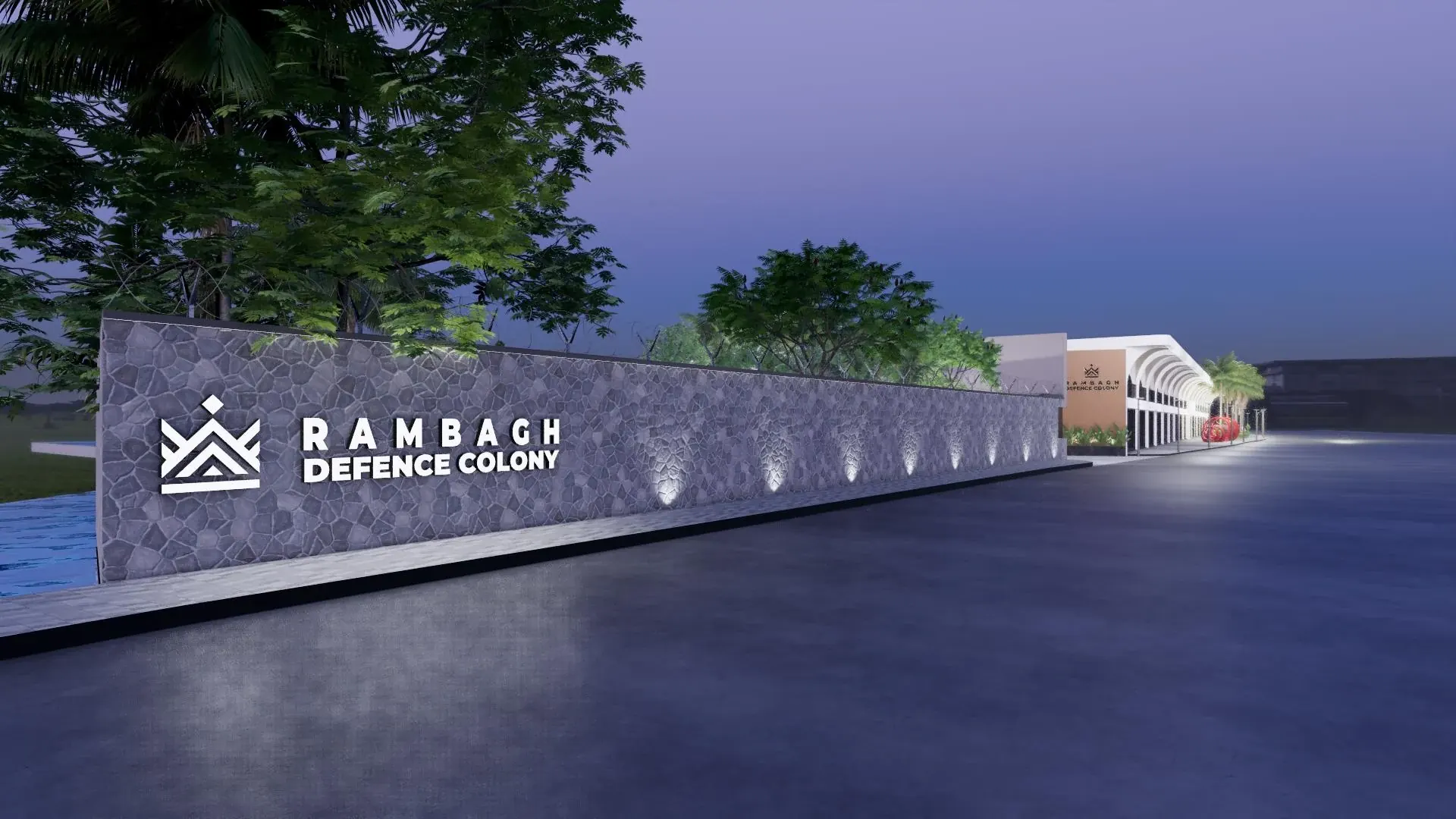 Illuminated Rambagh Defence Colony signage along the entrance boundary
