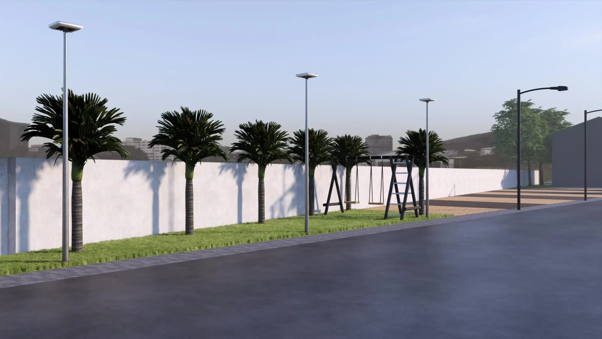 Street frontage with palms, boundary walls and a small play area