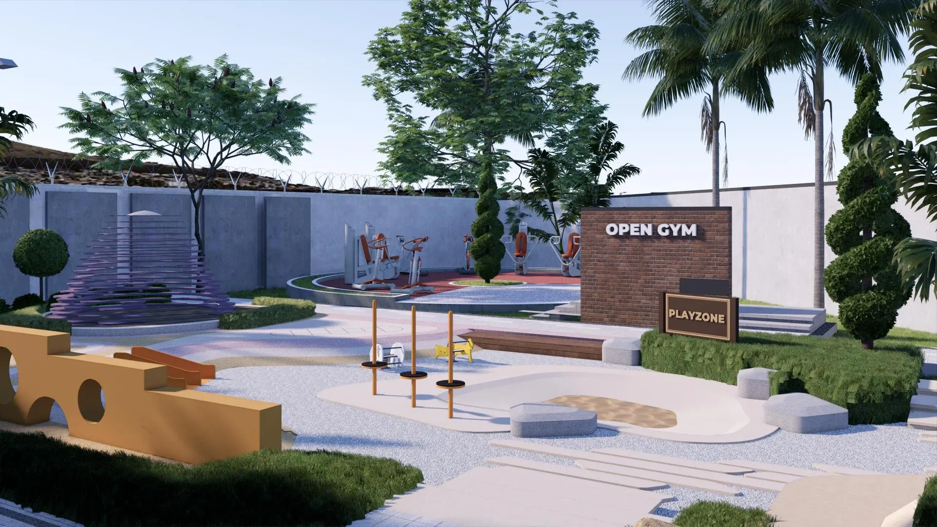 Outdoor calisthenics area with exercise equipment, paving and planted edges