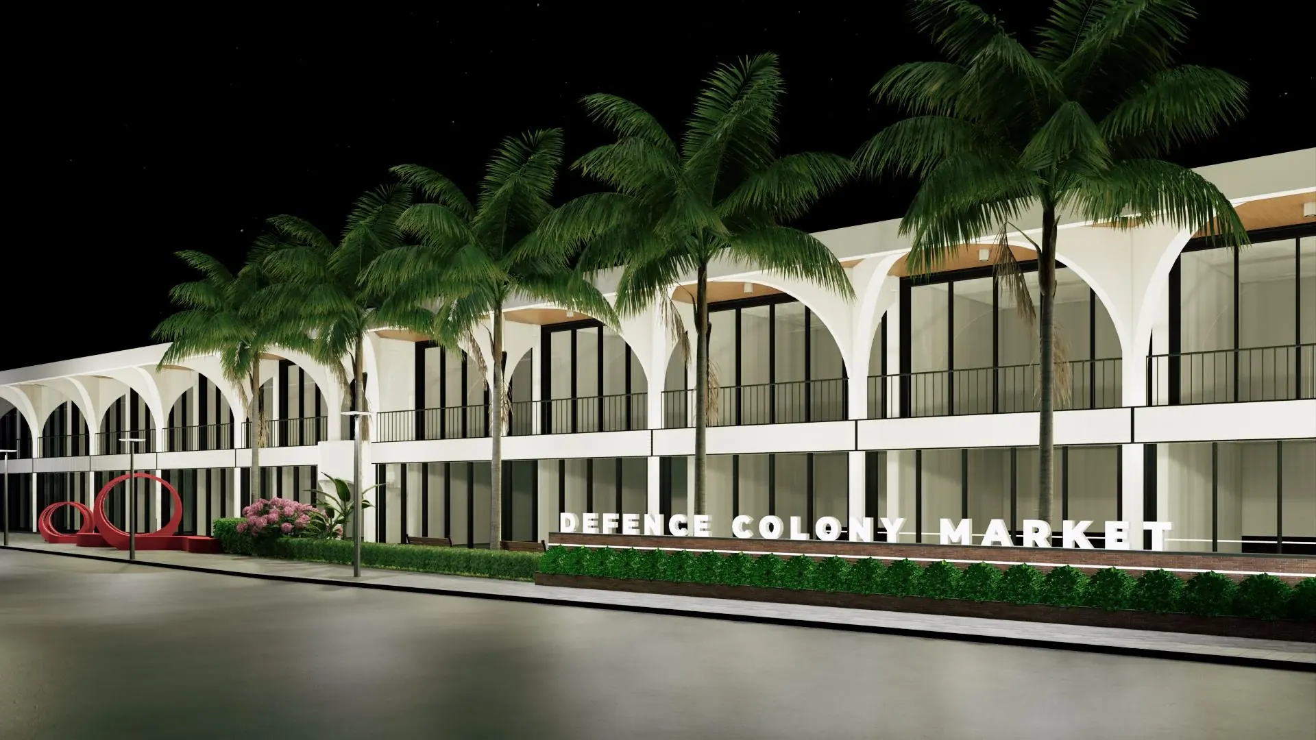 Illuminated commercial complex with palms and repeated arched openings