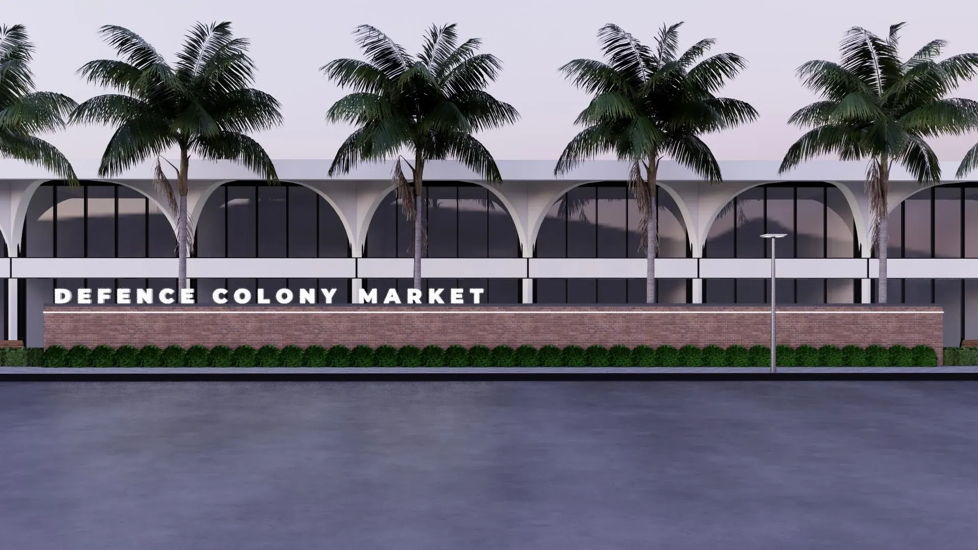 Defence Colony Market with repeated arched frames and a palm-lined frontage