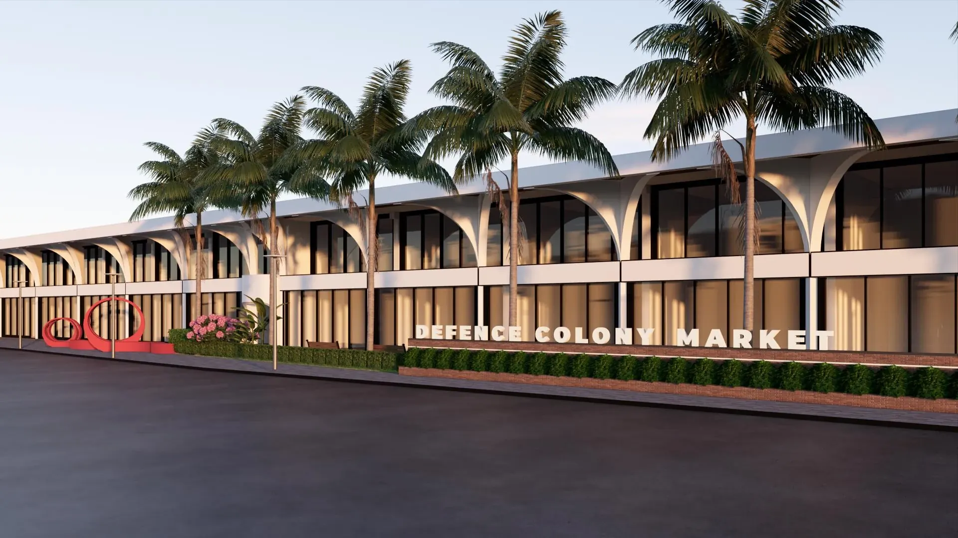 Perspective of the commercial frontage with arched facade elements