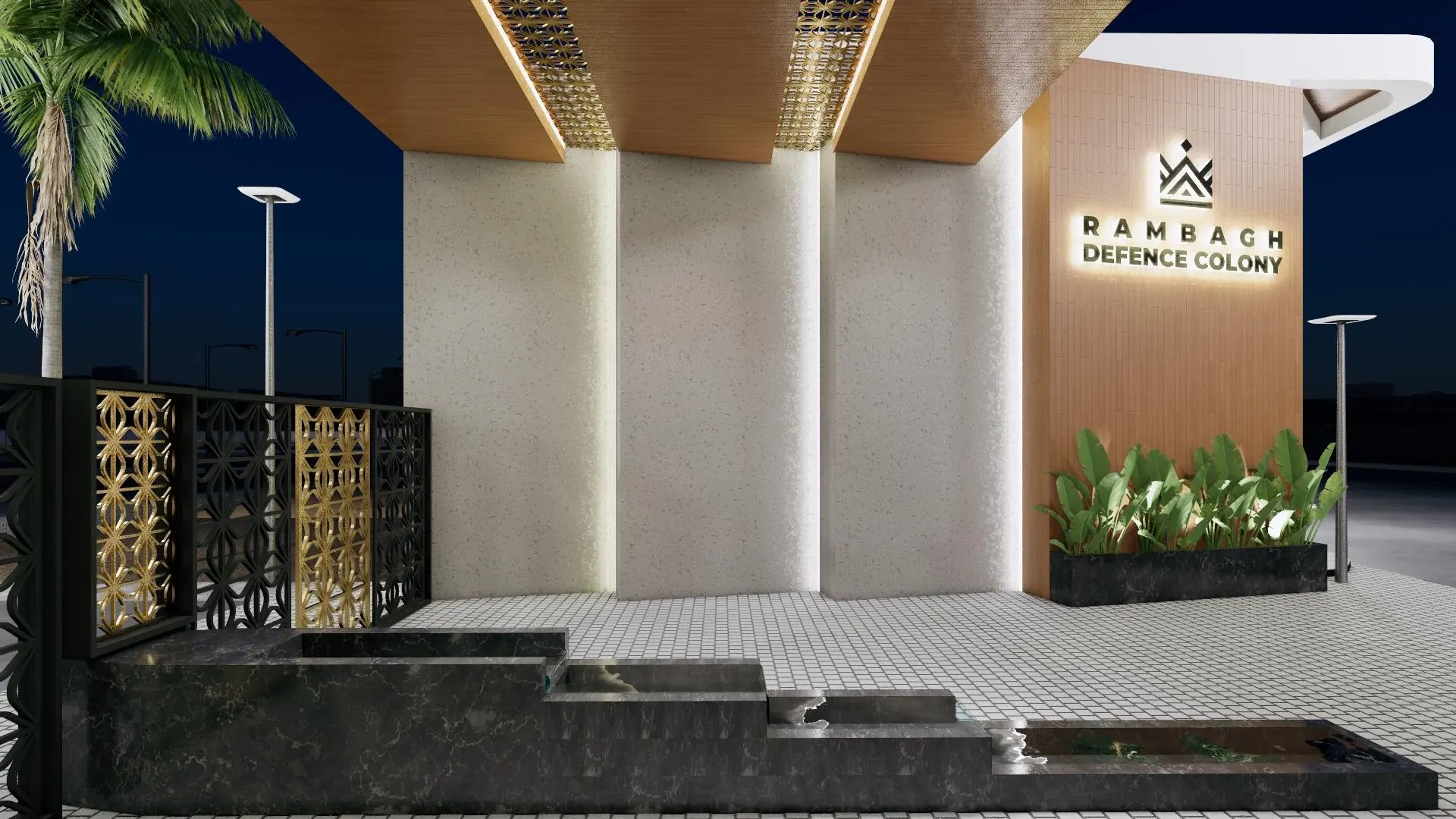 Detail of the east entrance with Rambagh Defence Colony signage and planters
