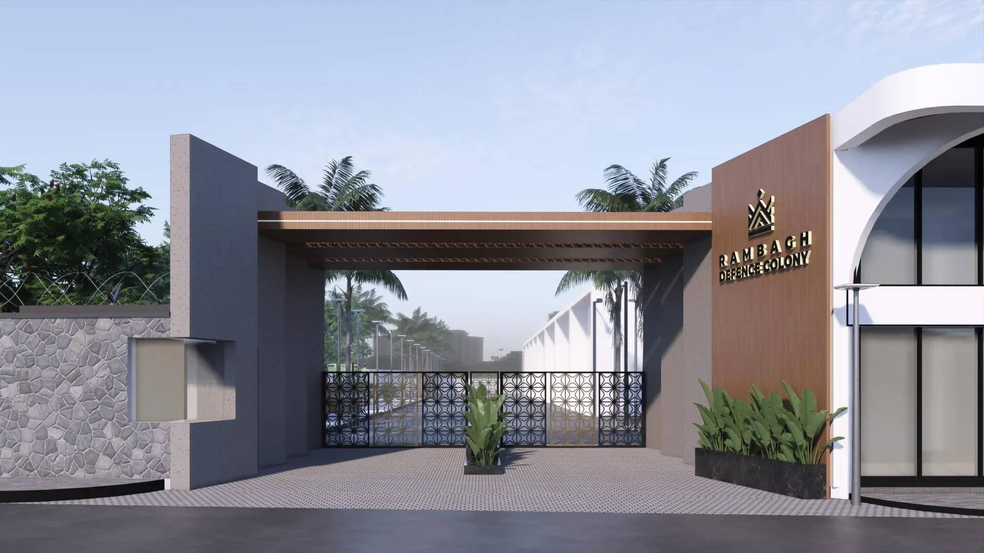 East entrance gate with a broad canopy, security gates and landscape
