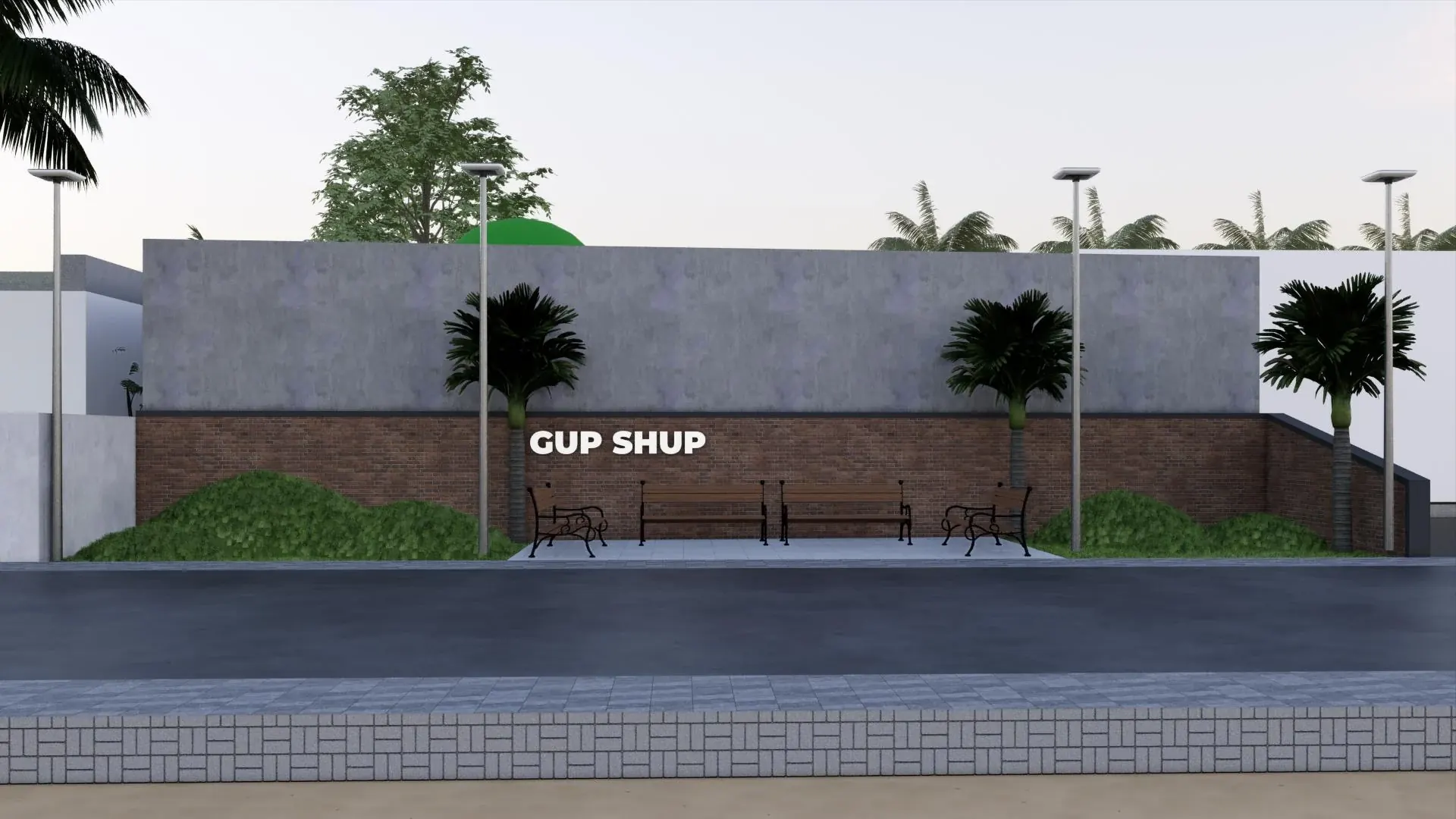 Second Gup Shup seating zone with a planted wall, bench and palms