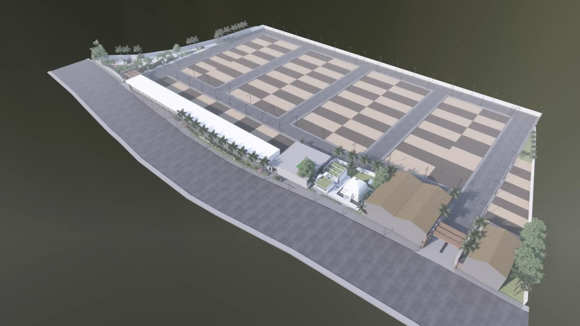 Aerial view of the plotted development, north entrance and shared facilities