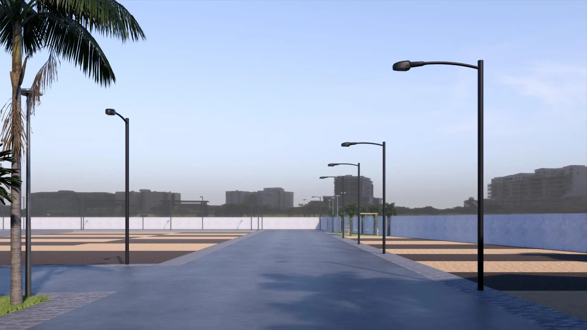 Street perspective from the north entrance with lights, palms and footpaths