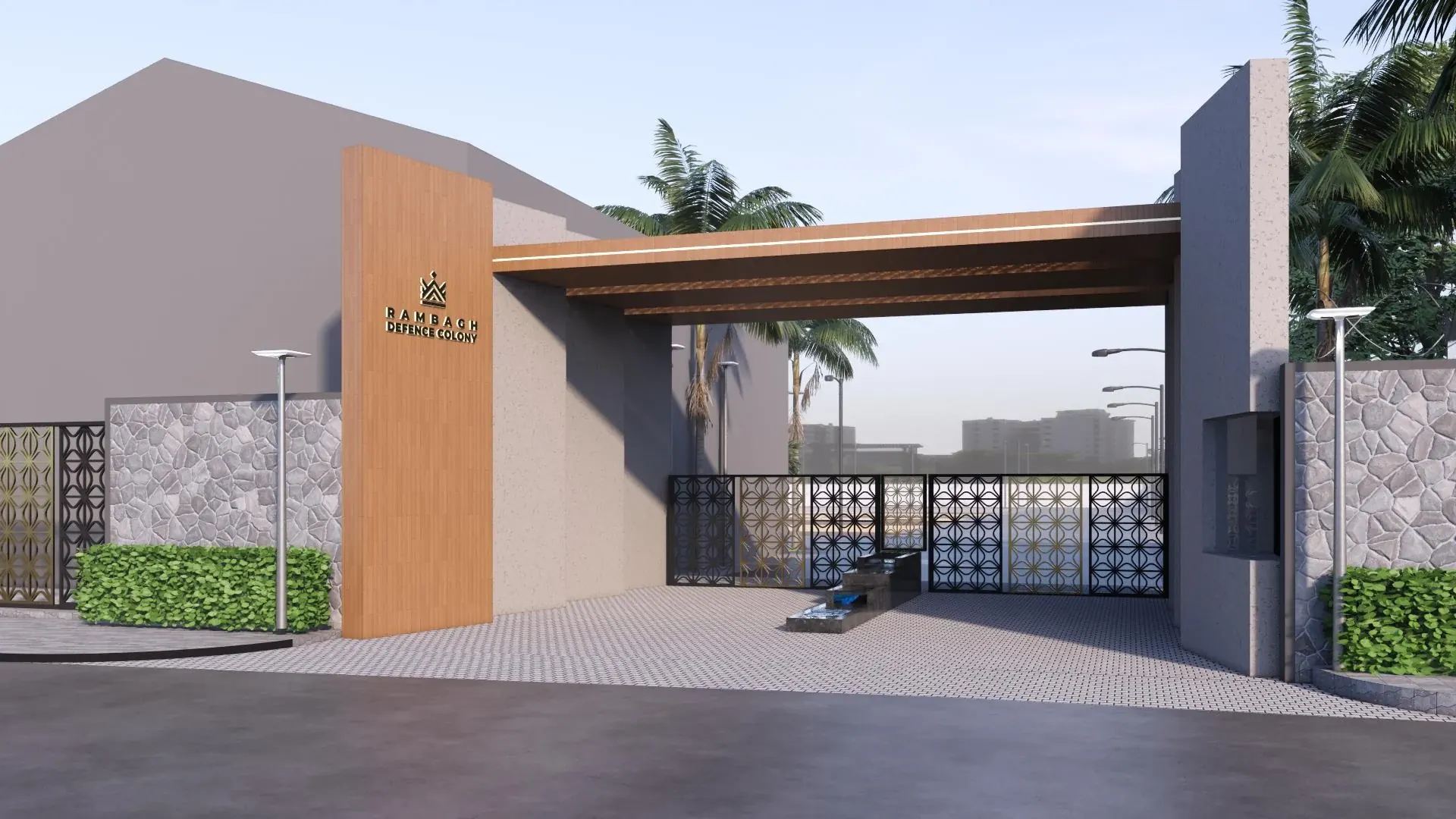 North entrance gate with a broad canopy and landscaped edges