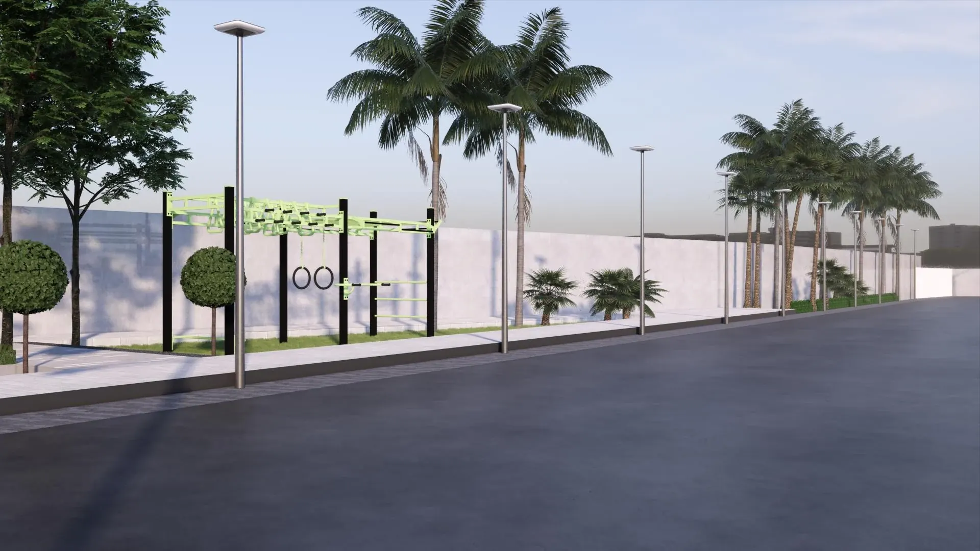 Park boundary with open screening, palms and street lighting