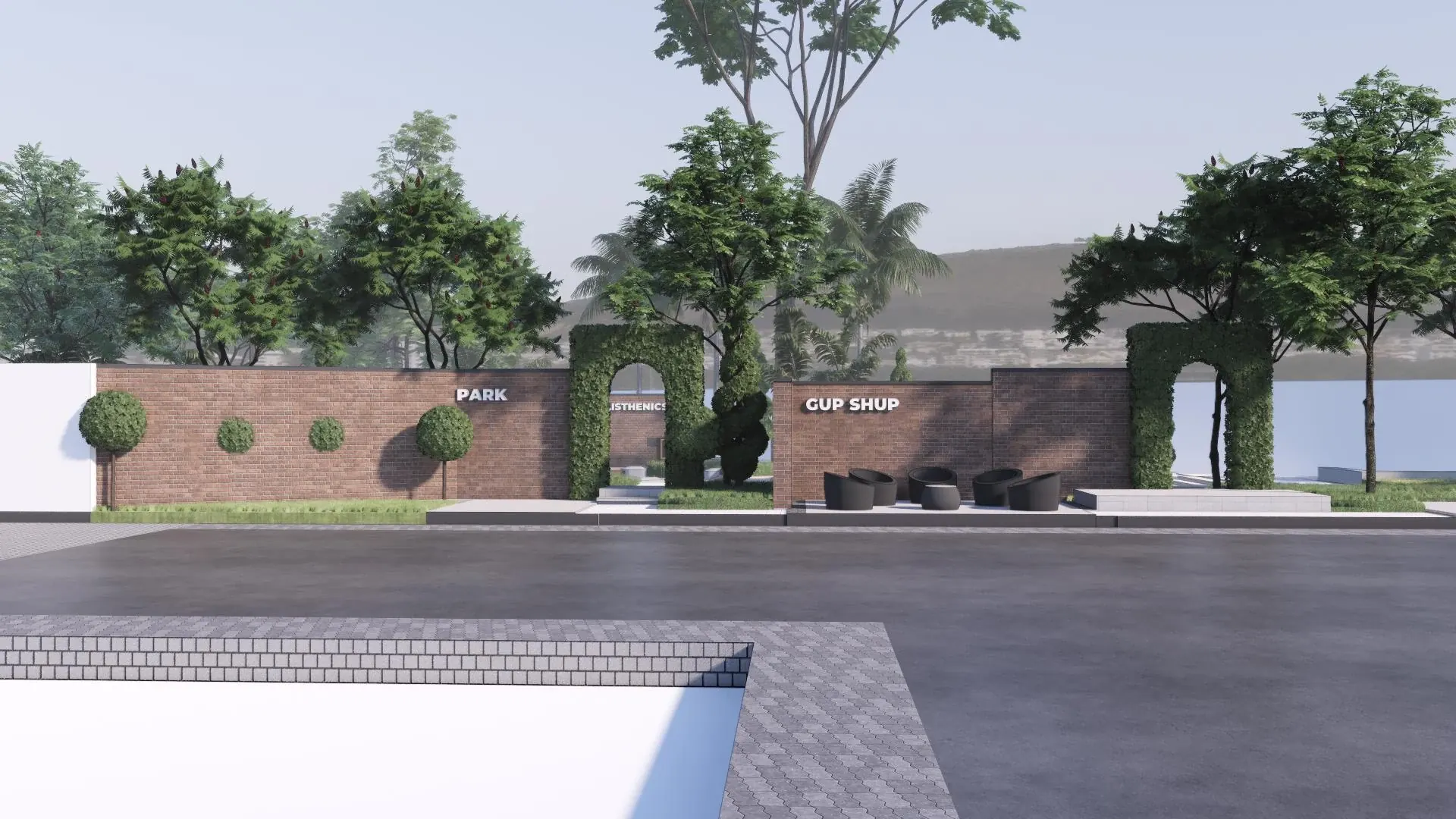 Park entrance with trees, brick walls, arched openings and gathering spaces