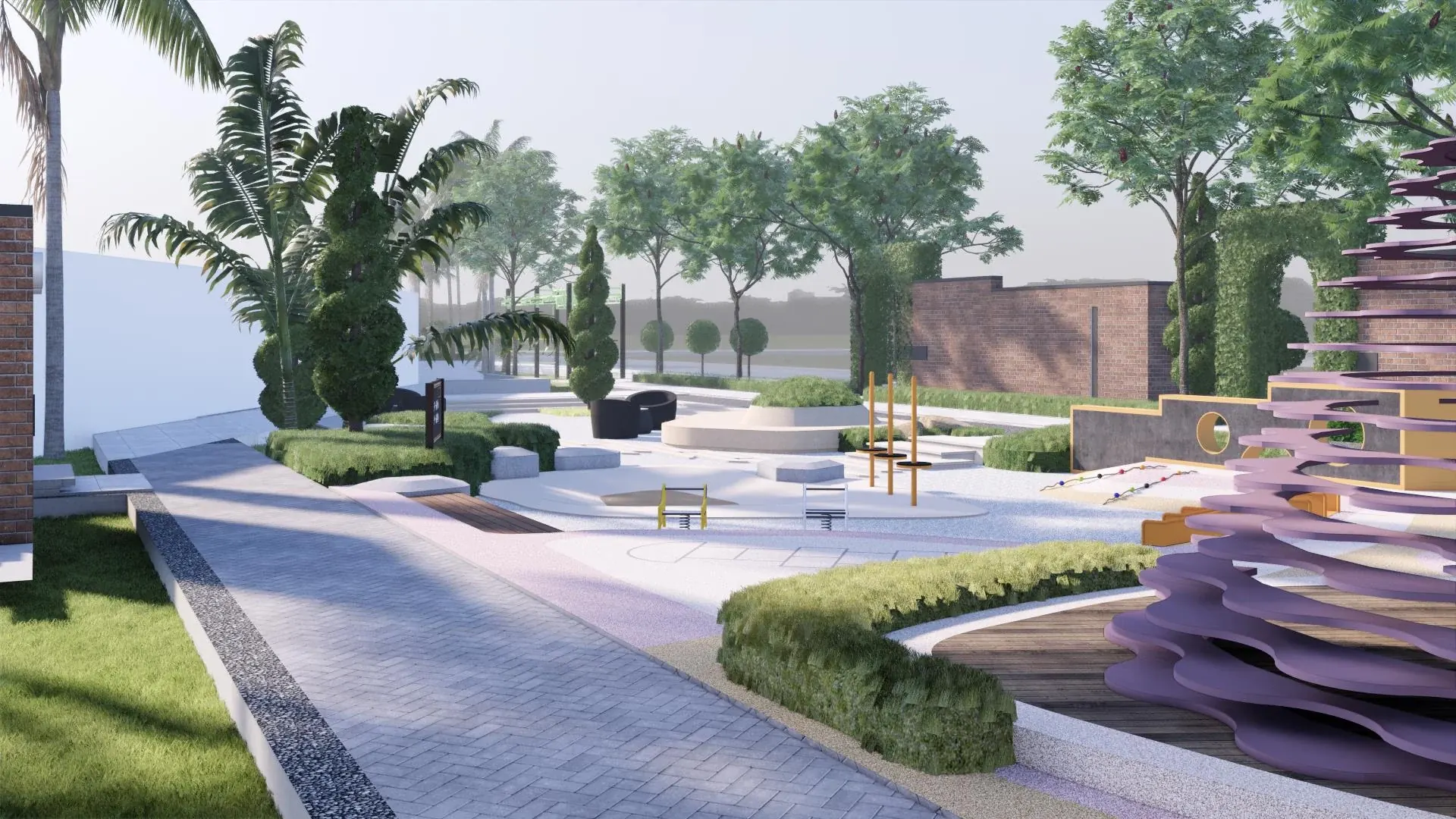 Park landscape with palms, planted beds and a sculpted central feature