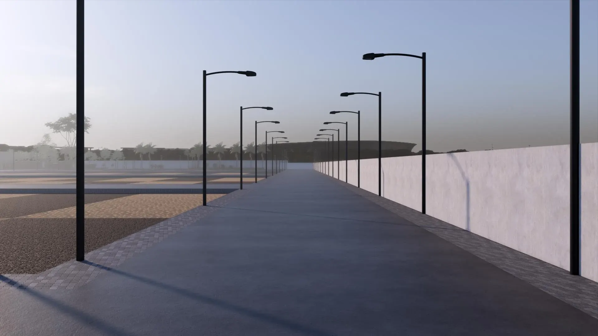 Rear road at dusk with aligned lights and footpaths