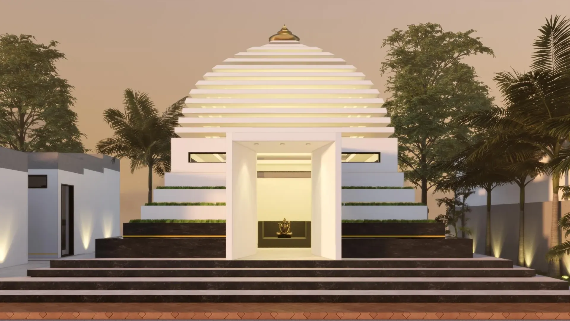 Temple front elevation with a stepped shikhara and broad approach steps