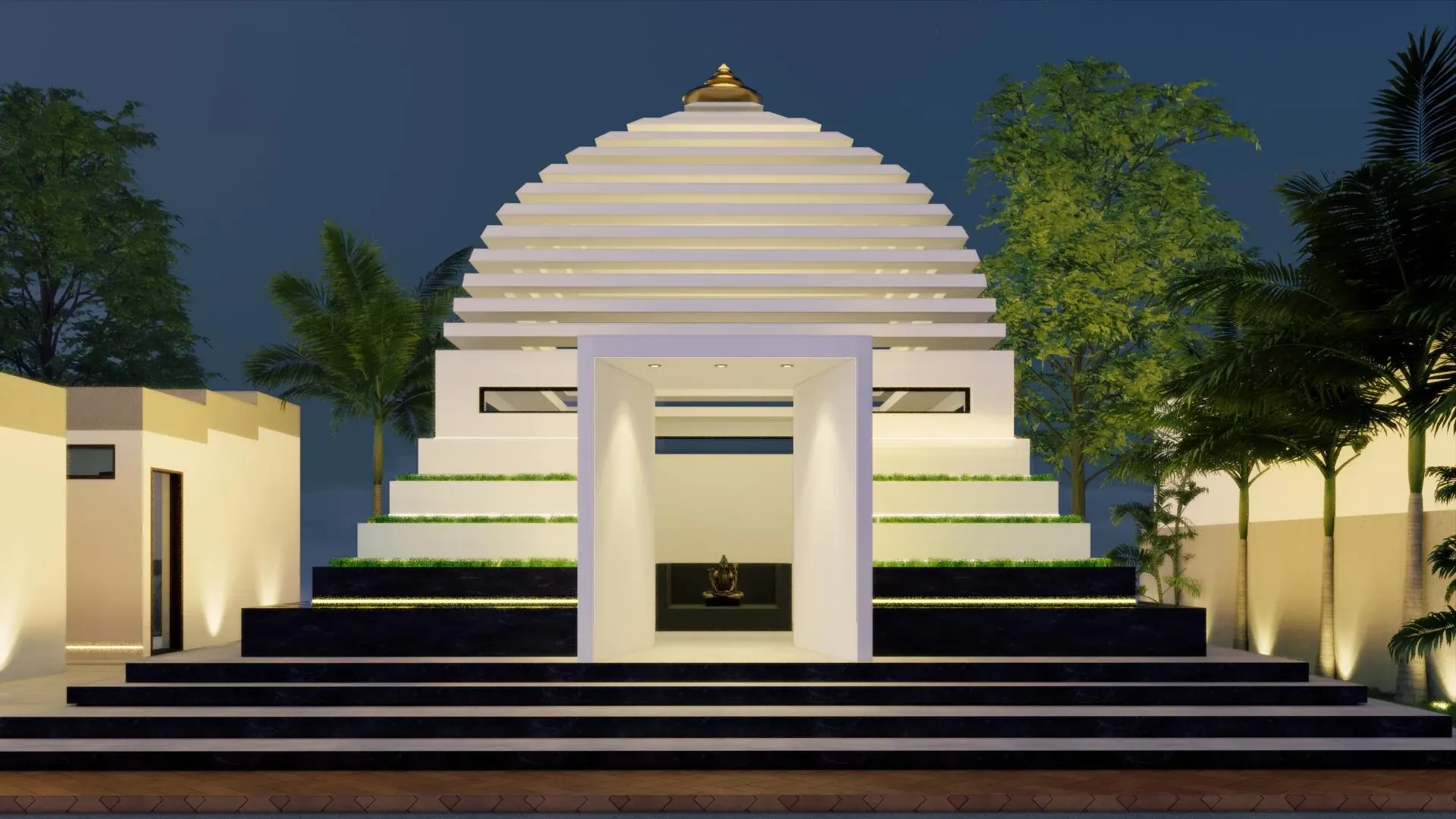 Temple elevation at dusk with a stepped shikhara and a square entrance frame