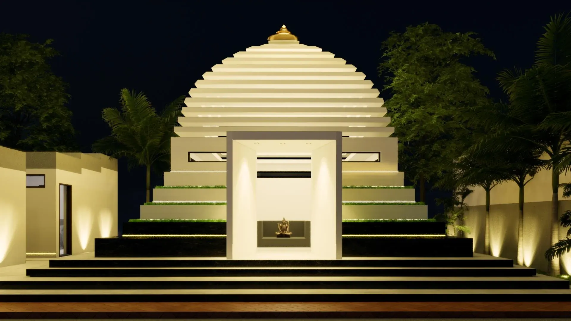 Temple facade illuminated at night with layered horizontal forms