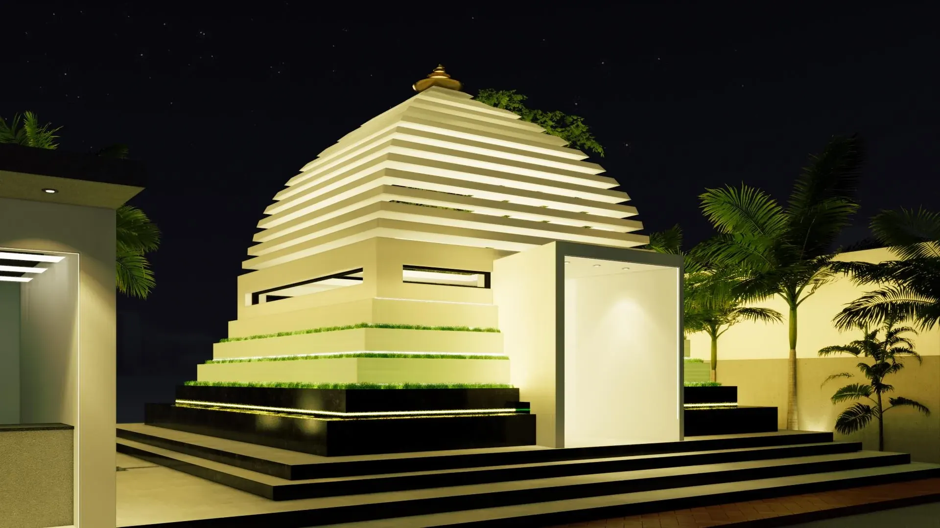 Night perspective of the temple with layered shikhara, steps and surrounding trees