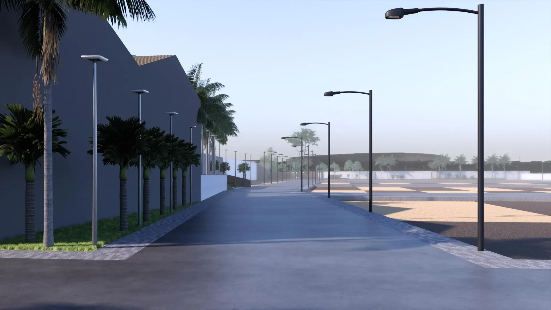 Road beside the warehouse with street lights and a defined boundary