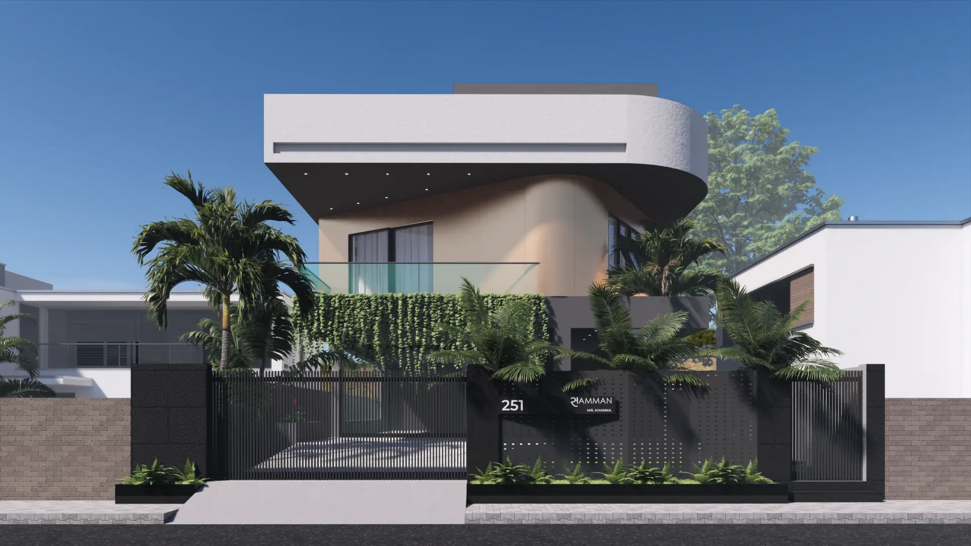Unnati residence with a sweeping curved white balcony and tropical planting