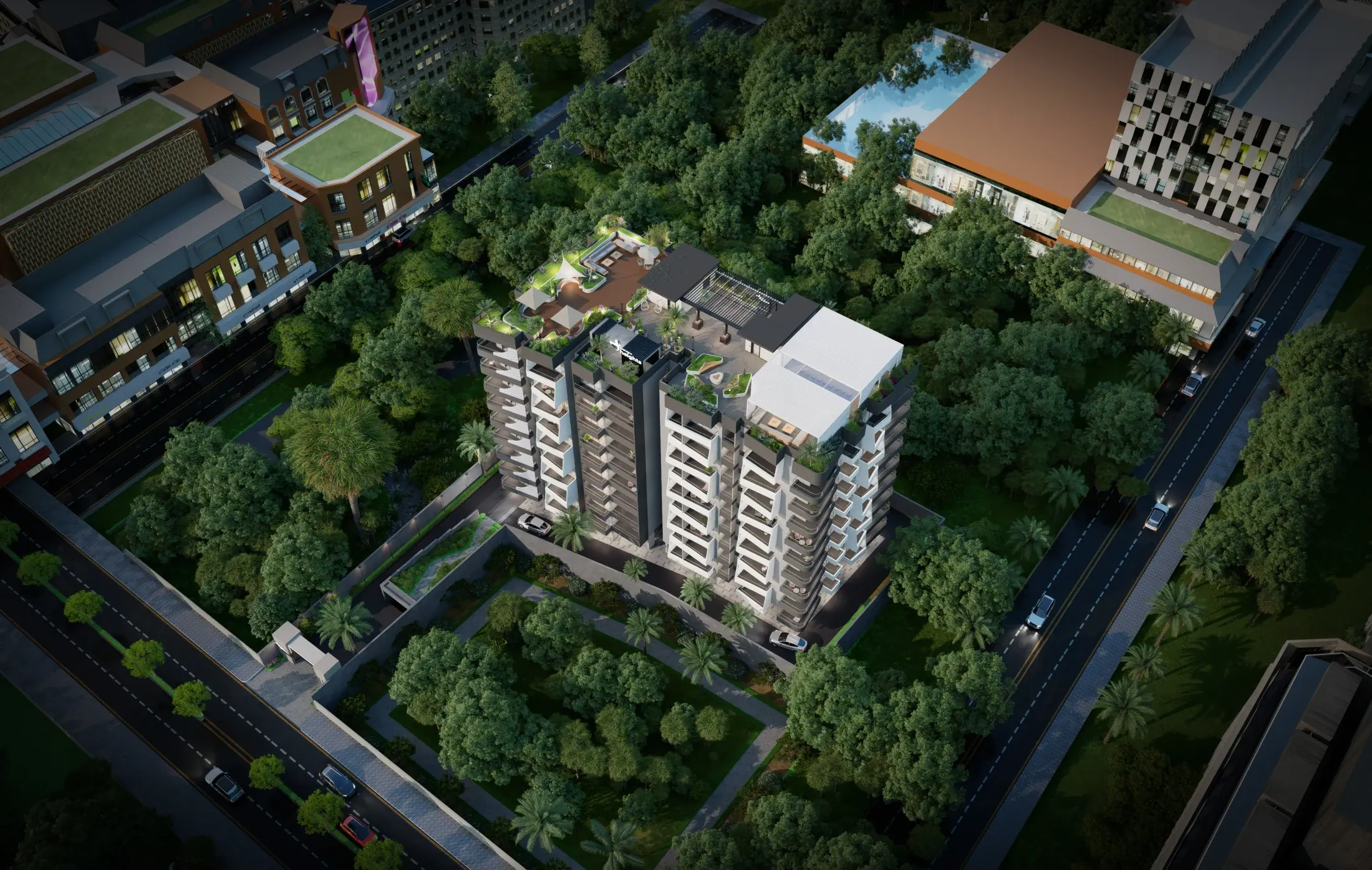 Bird’s-eye architectural render of Satvika Heights surrounded by trees and landscaped grounds