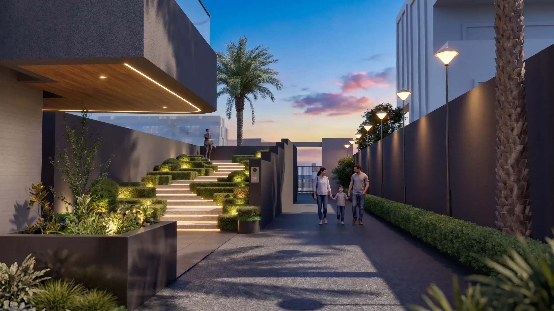 Landscaped entrance walkway with warm lighting, steps and a sheltered edge