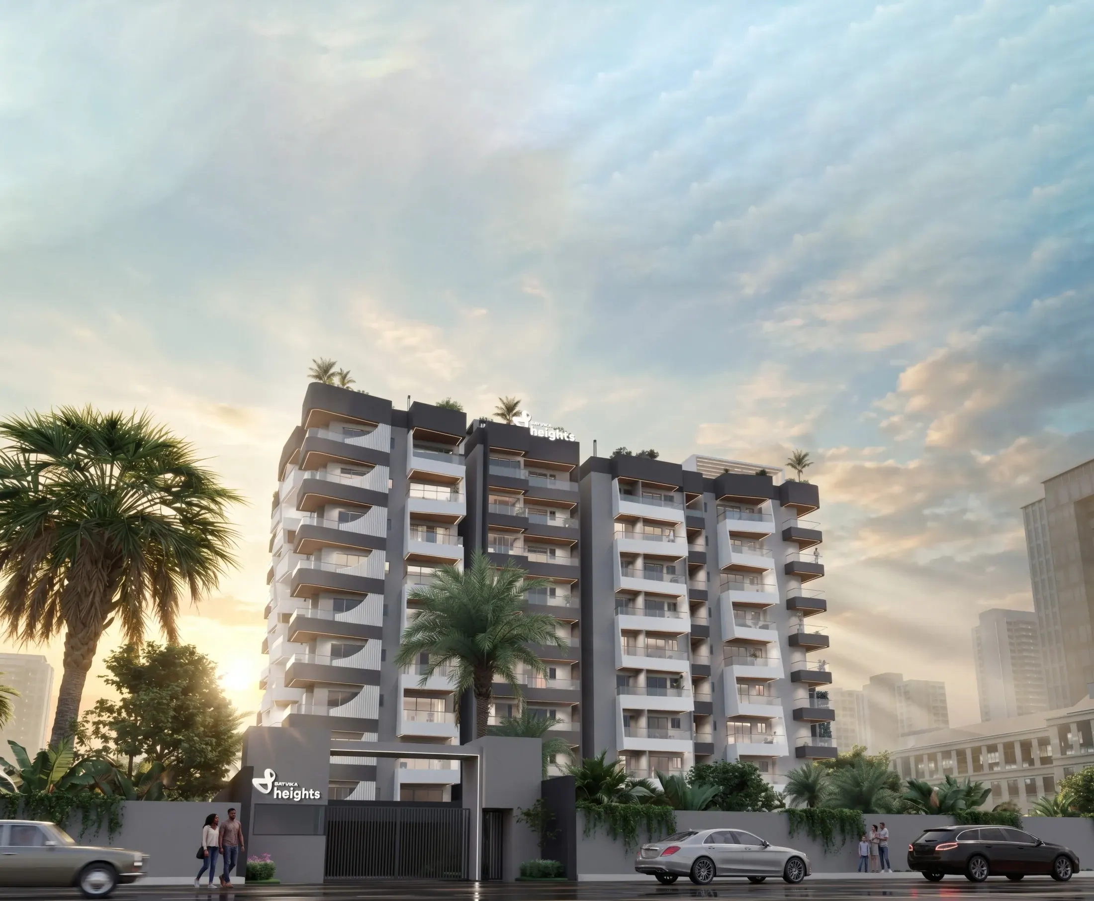 Satvika Heights seen from the street in warm evening light