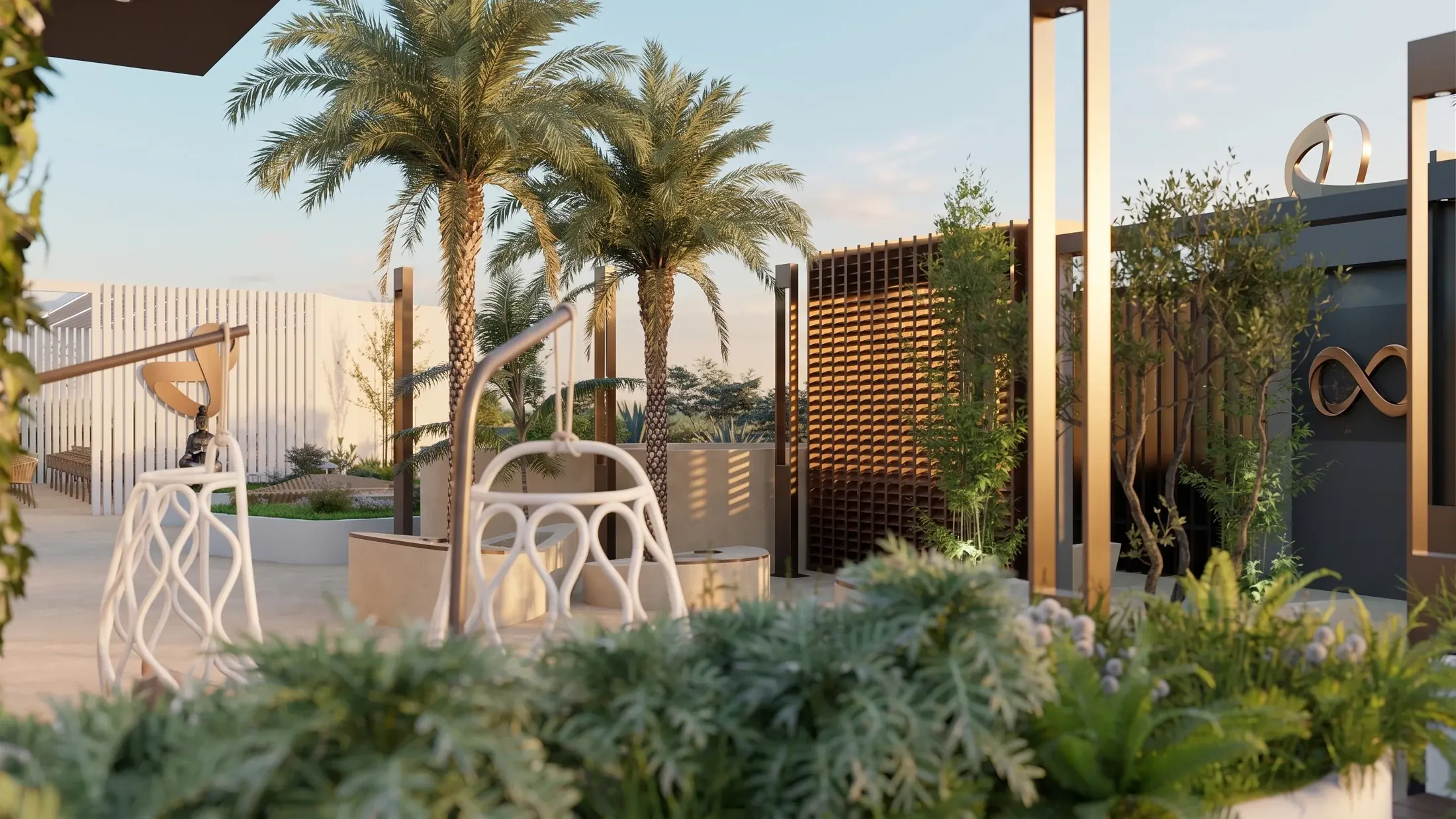 Rooftop garden with palm trees, informal seating and lush planted beds