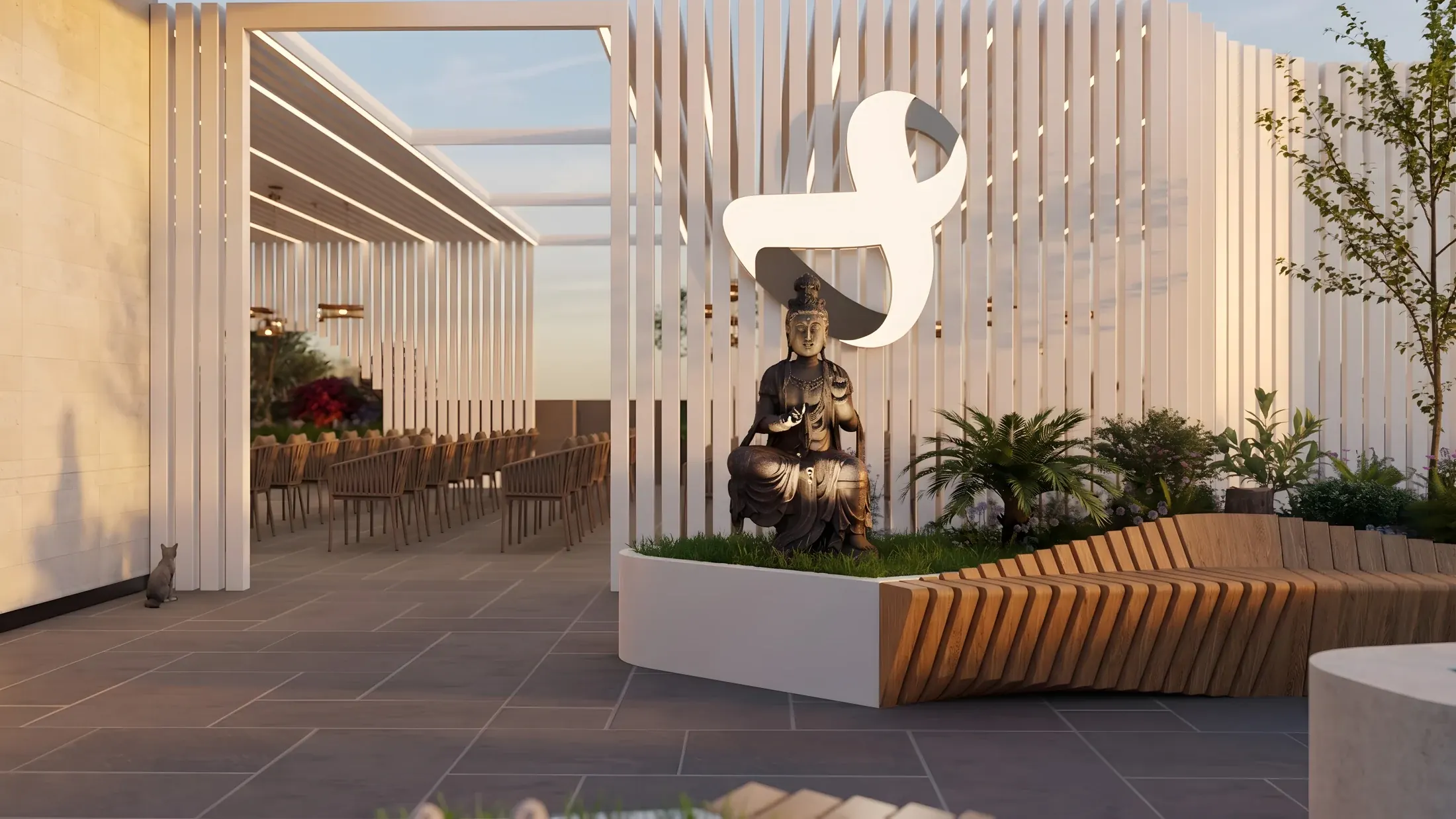 Rooftop court with a sculptural feature, timber seating and planted borders