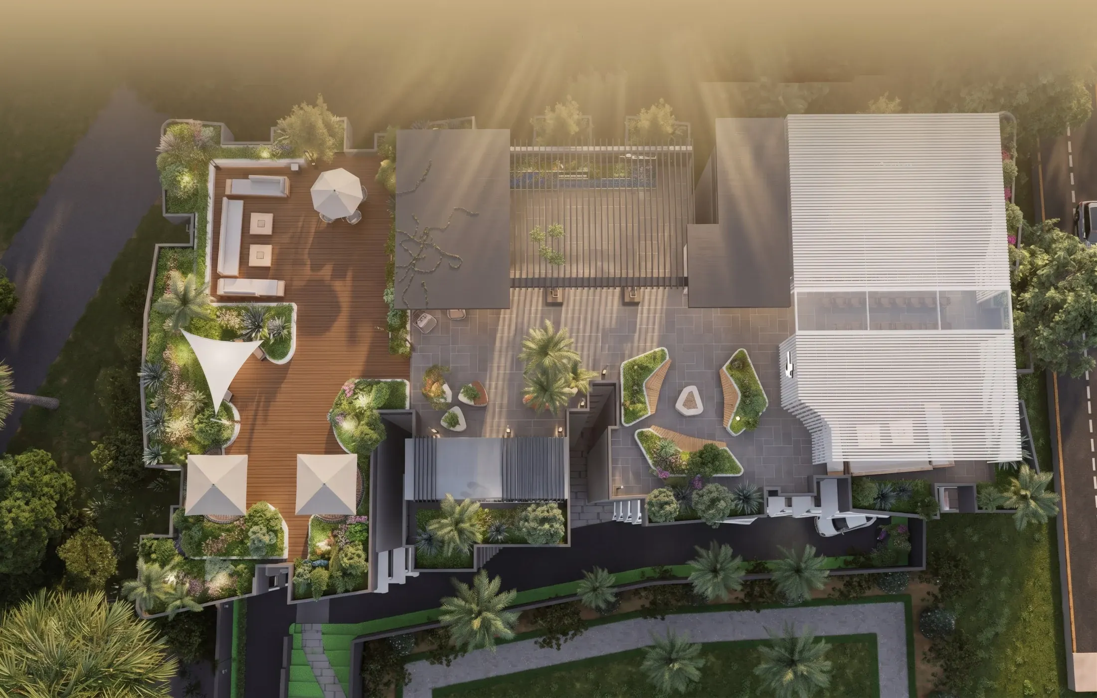 Aerial render of the rooftop landscape with seating, lawns and a covered gathering area