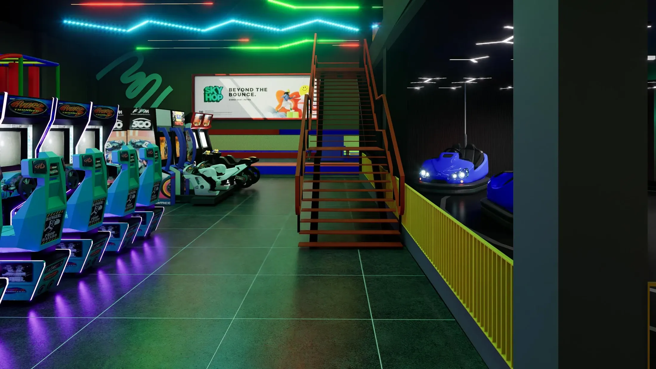 Arcade corridor and stair beneath colourful zigzag lighting