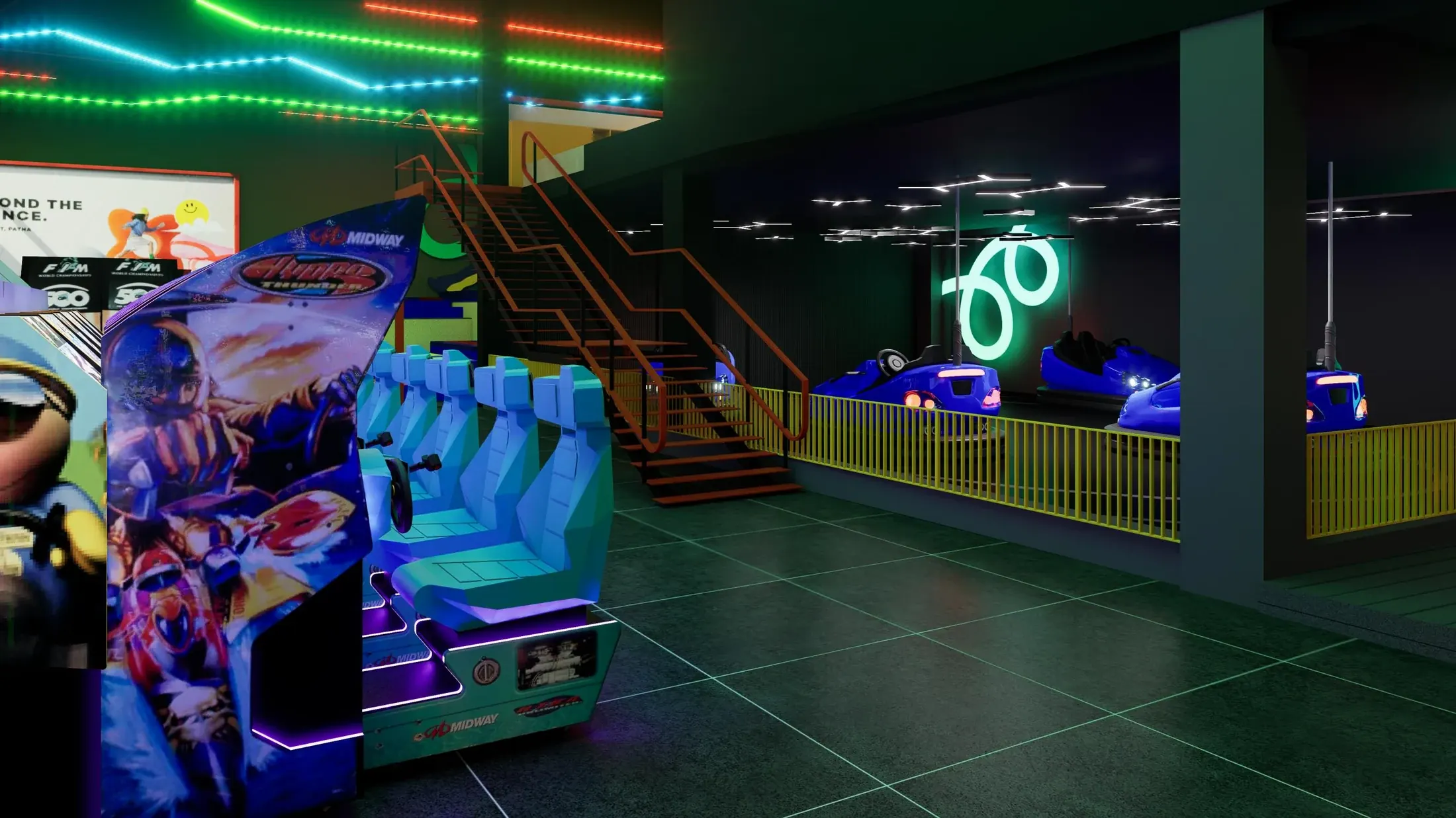 Arcade machines, stair and bumper-car area in a neon-lit interior