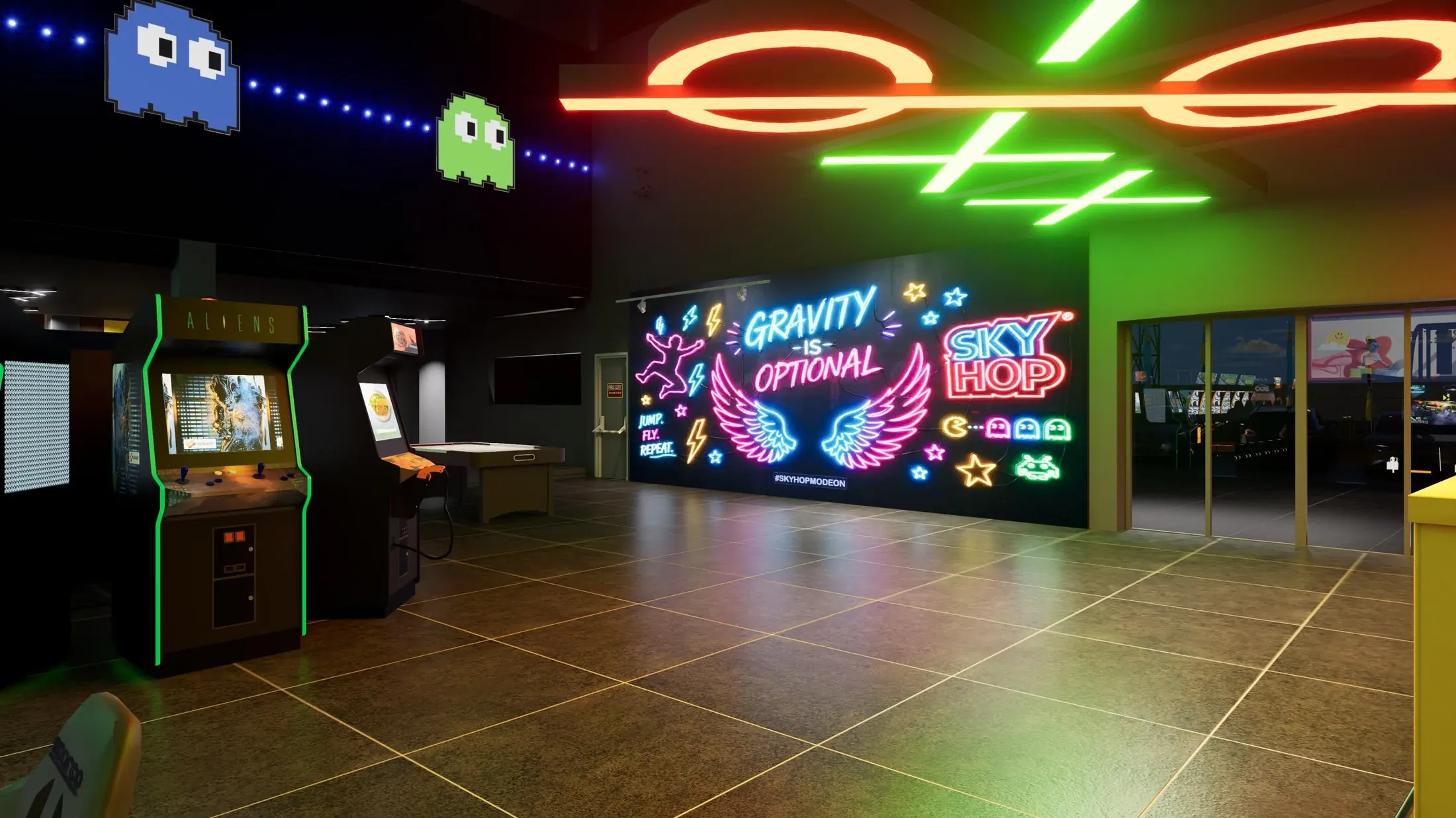 Sky Hop arrival hall with neon-style graphics and coloured ceiling lights