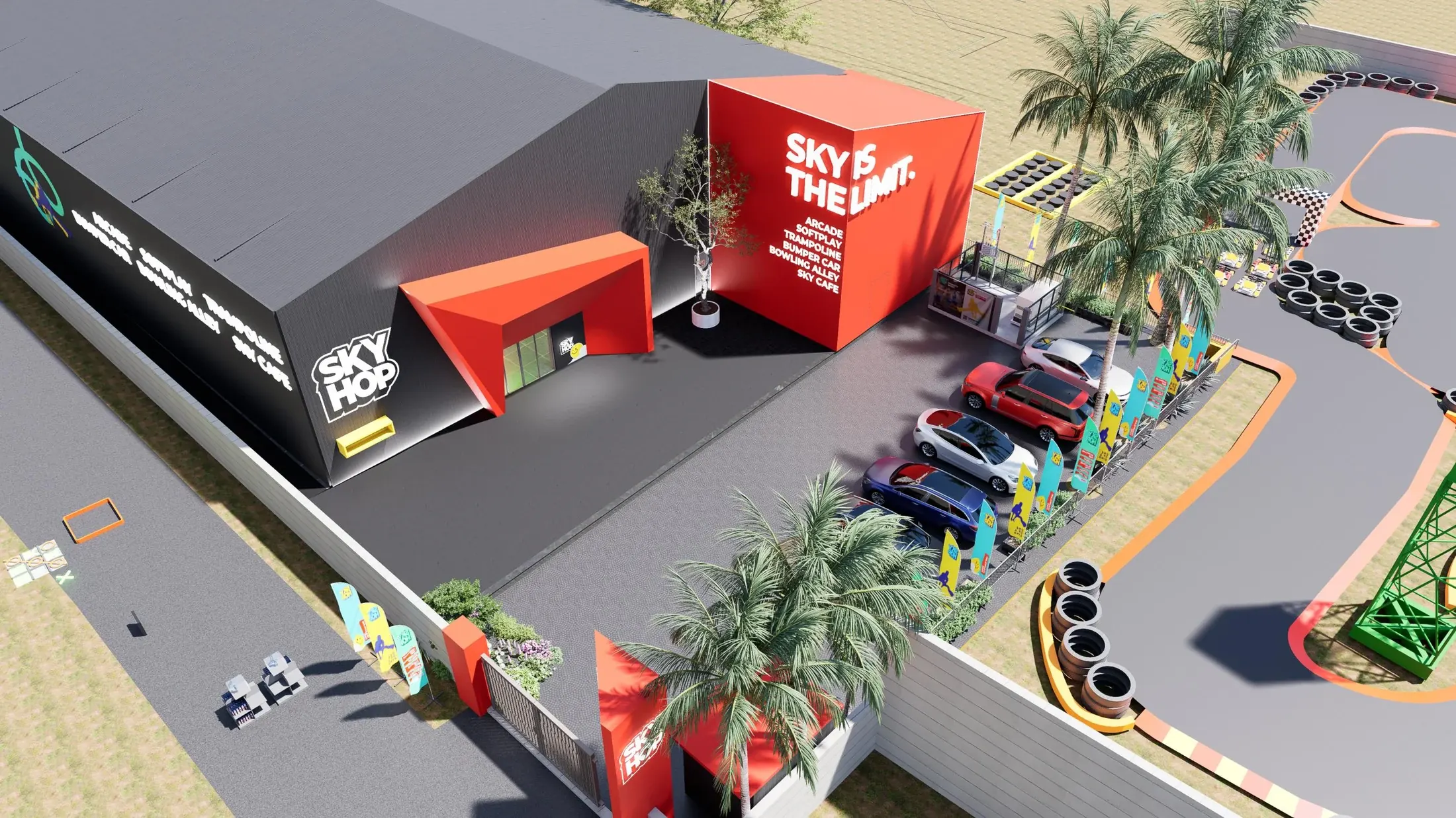 Bird’s-eye view of Sky Hop with a dark building, red entrance forms, palm-lined forecourt and outdoor track