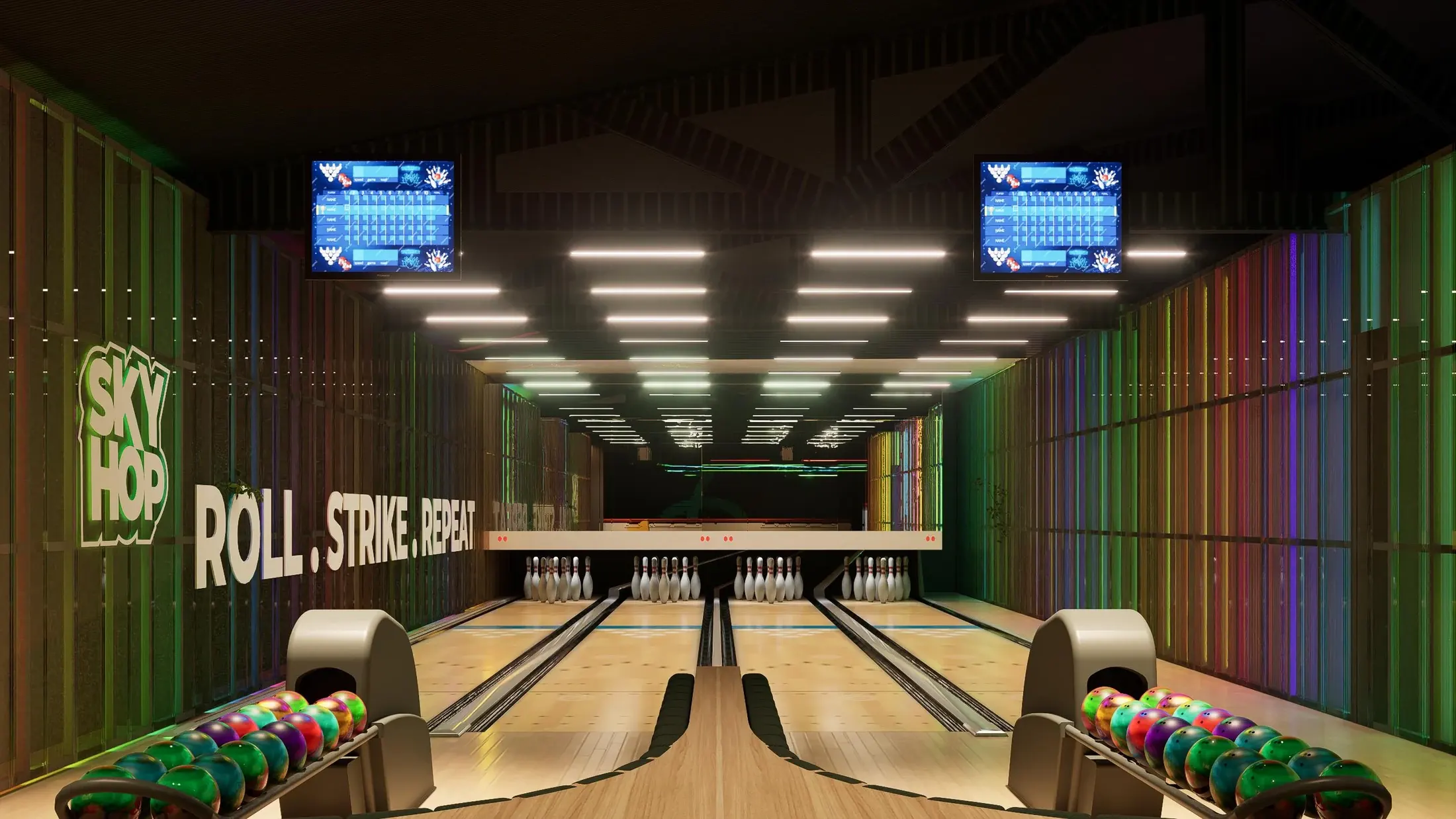 Perspective down the bowling lanes with screens and seating