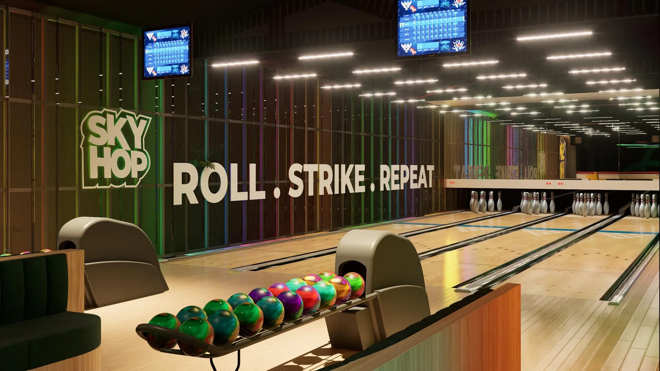Bowling lanes with timber finishes and repeated overhead lighting