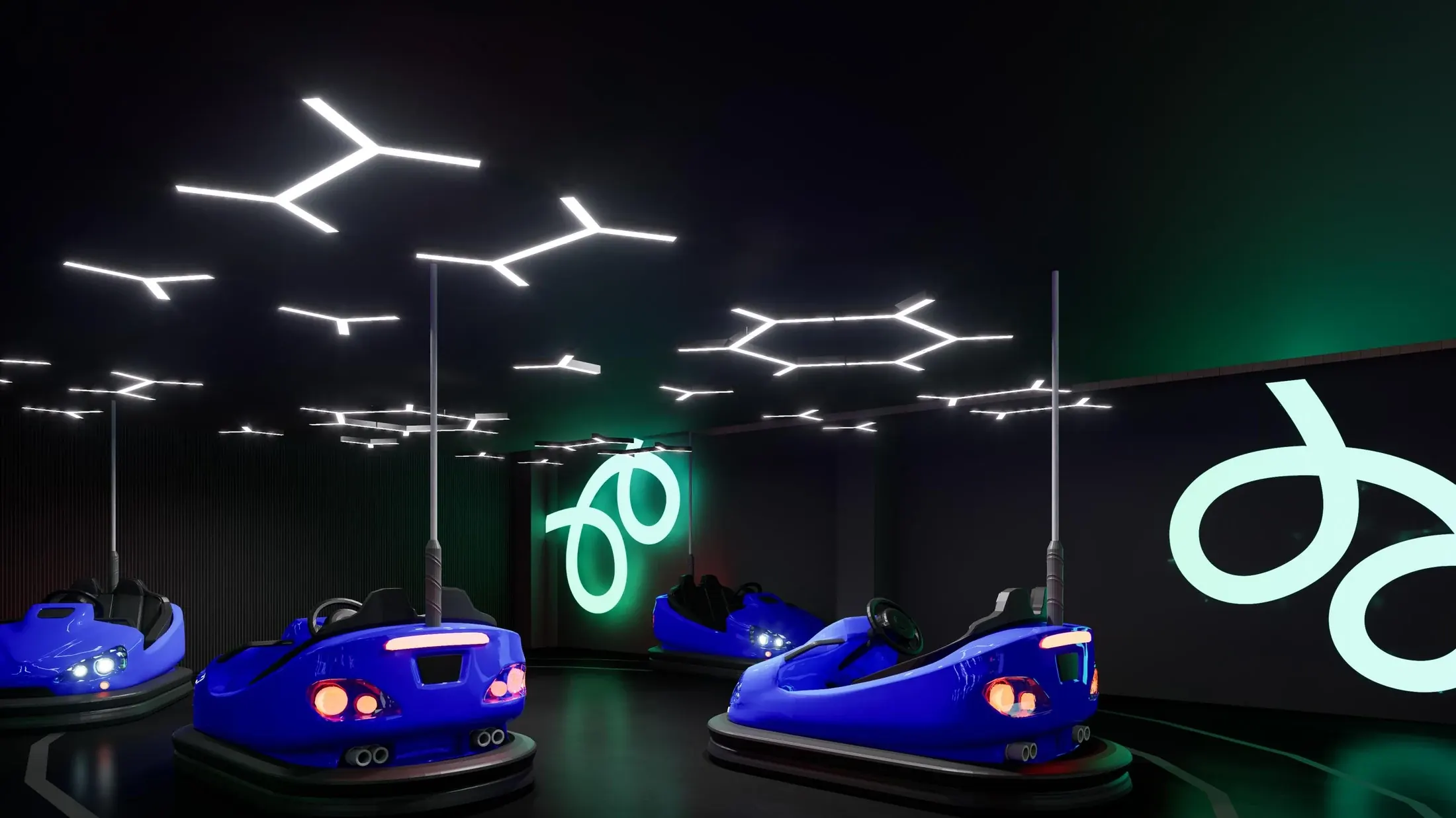 Bumper-car arena under a dark ceiling with white geometric lighting