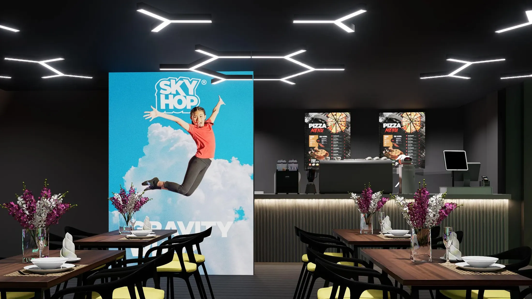 Cafe counter and tables with a Sky Hop jumping graphic