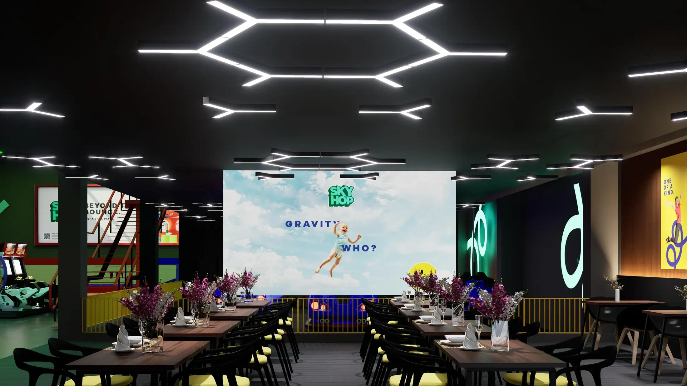 Dining tables beneath white geometric ceiling lights