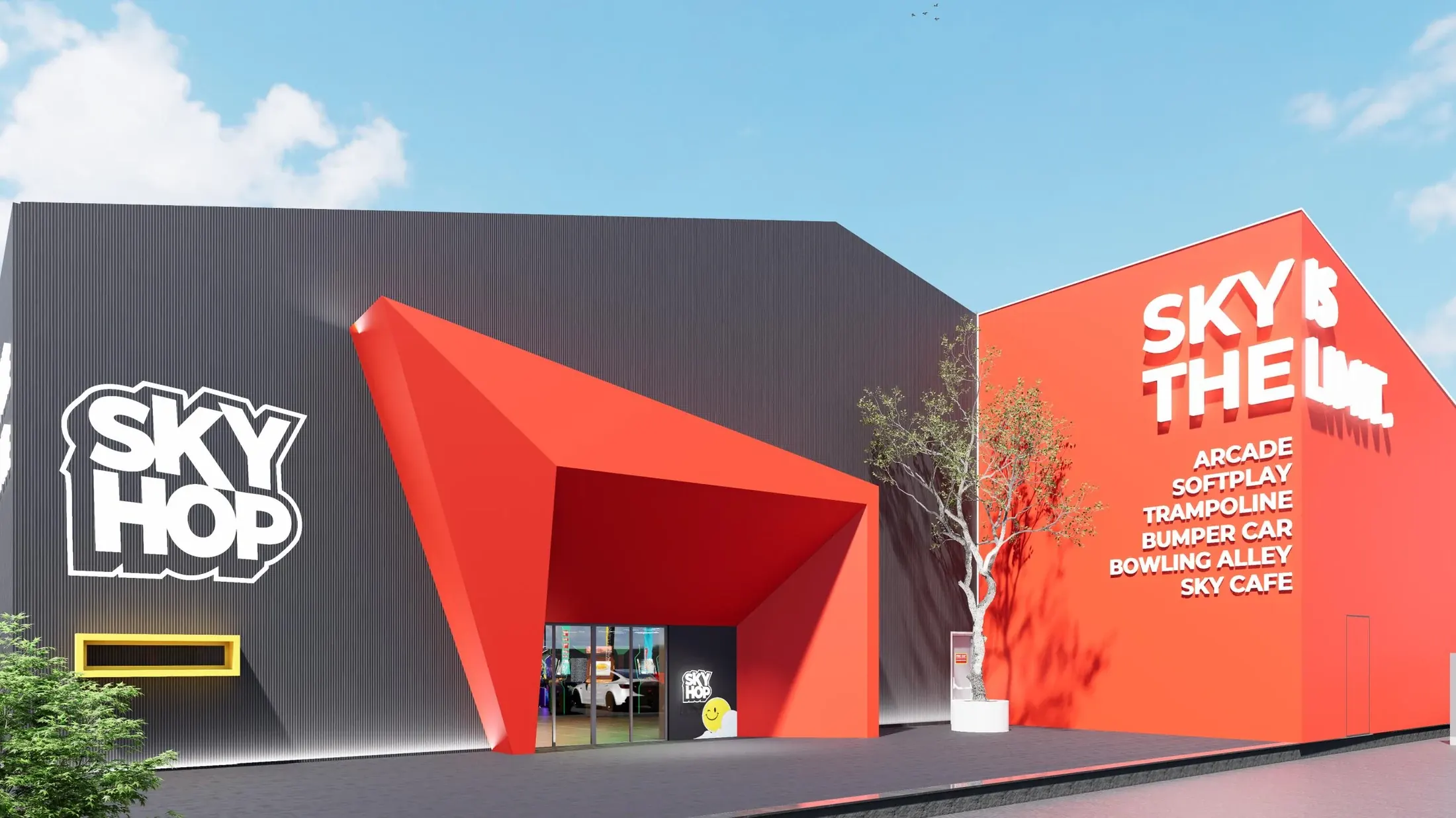 Angular red entrance portal beside the Sky Hop facade