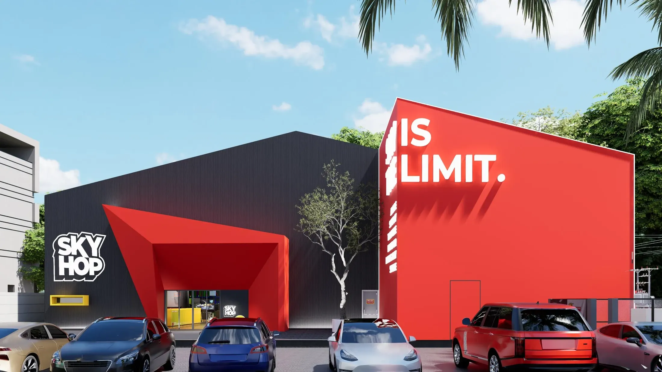 Sky Hop front approach with a red portal, dark facade and parked cars