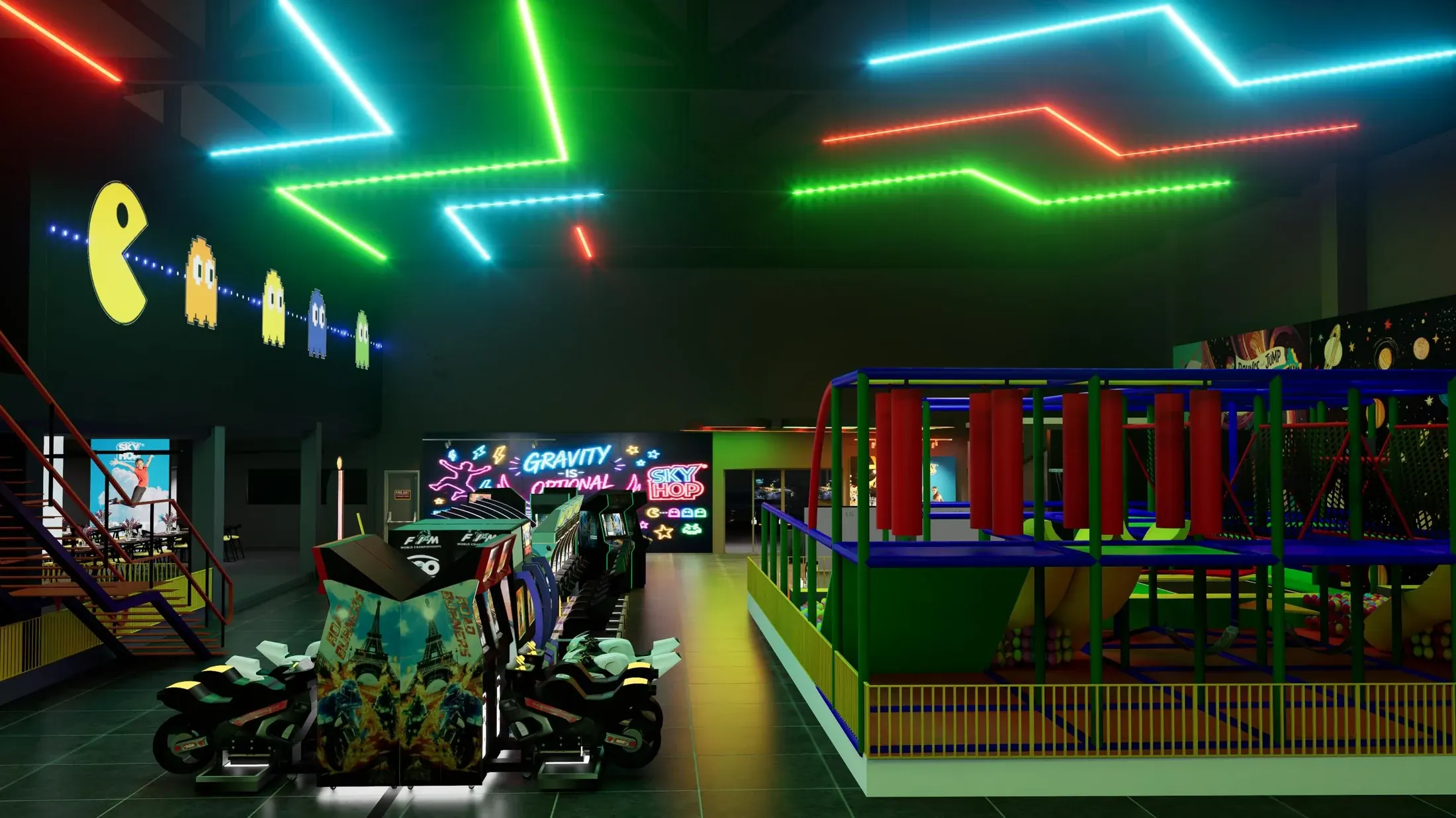 Perspective through the gaming area with neon lighting and character graphics