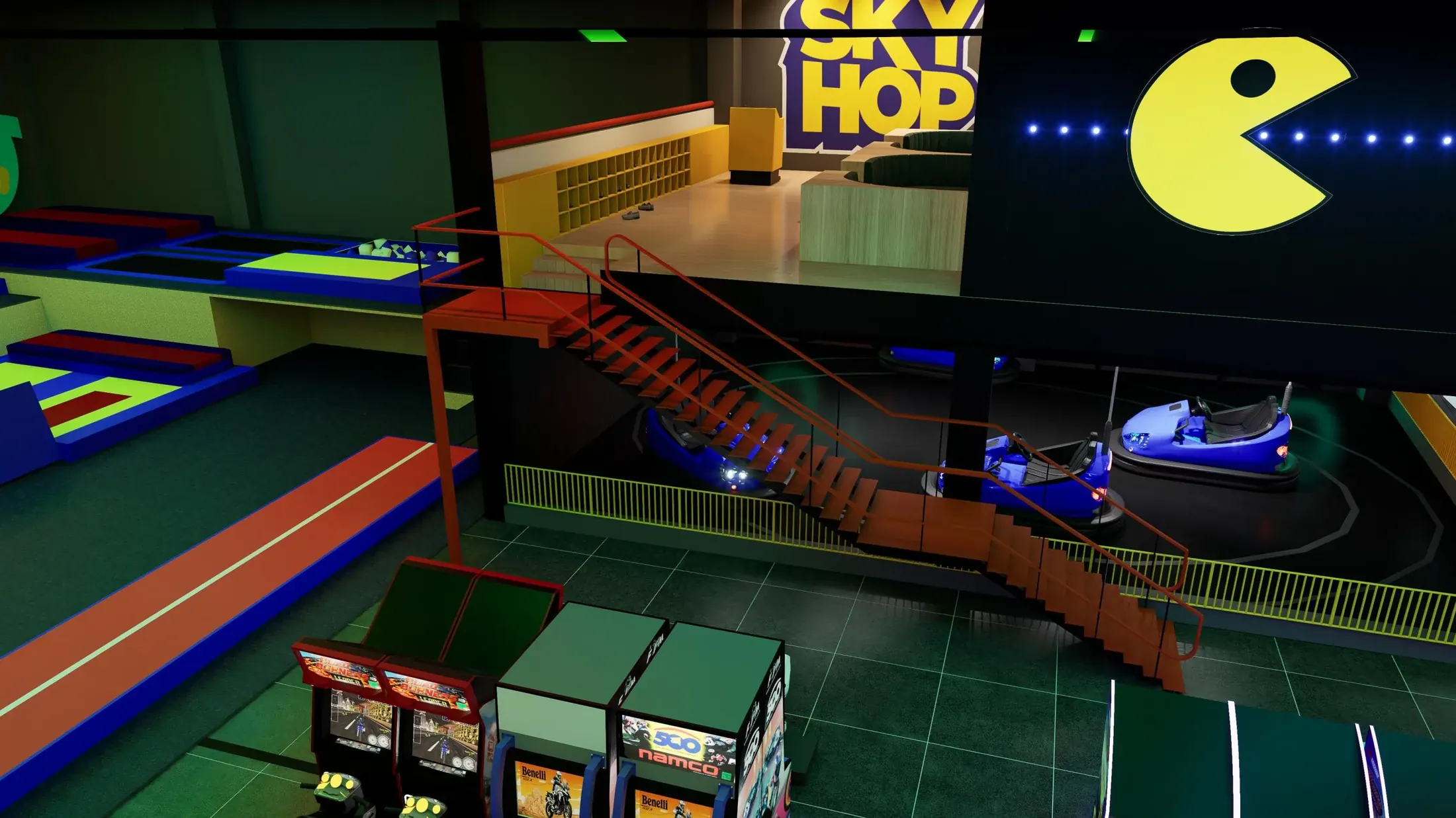 Elevated view across activity zones and stairs