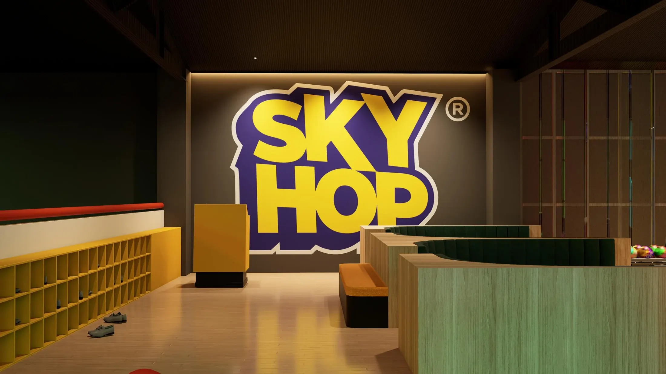 Sky Hop graphic at a stair landing with coloured rails and wall panels