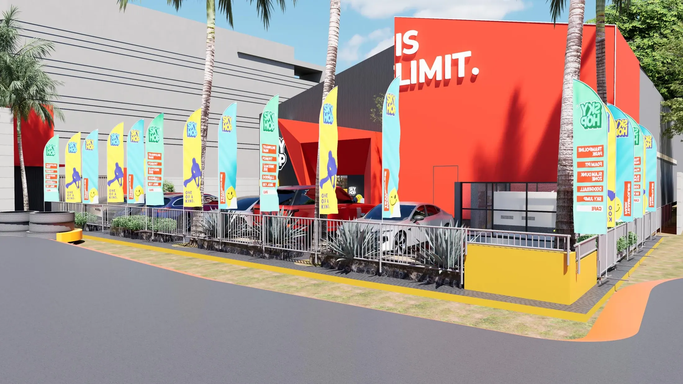 Sky Hop perimeter with colourful graphics and landscaped street frontage